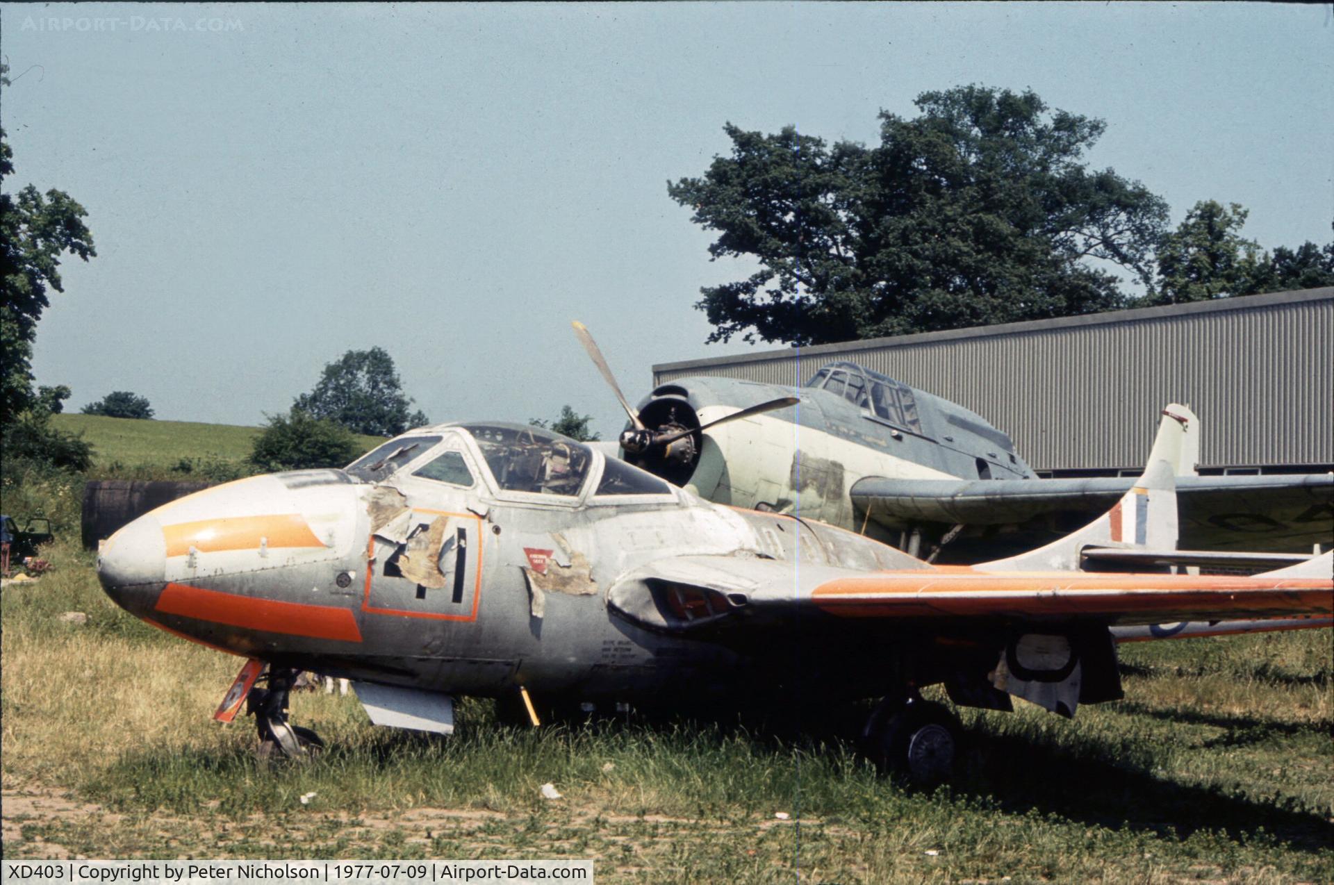 XD403, 1954 De Havilland DH-115 Vampire T.11 C/N 15377, Vampire T.11 of the Strathallan Collection painted as XE 897 and seen in the Summer of 1977.