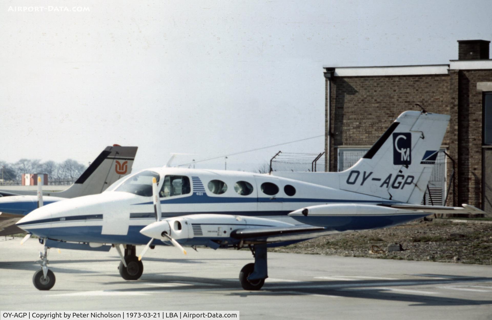 OY-AGP, 1968 Cessna 401 C/N 401-0299, This Cessna 401 was seen at Yeodon in the Spring of 1973 - sadly it crashed the following month.