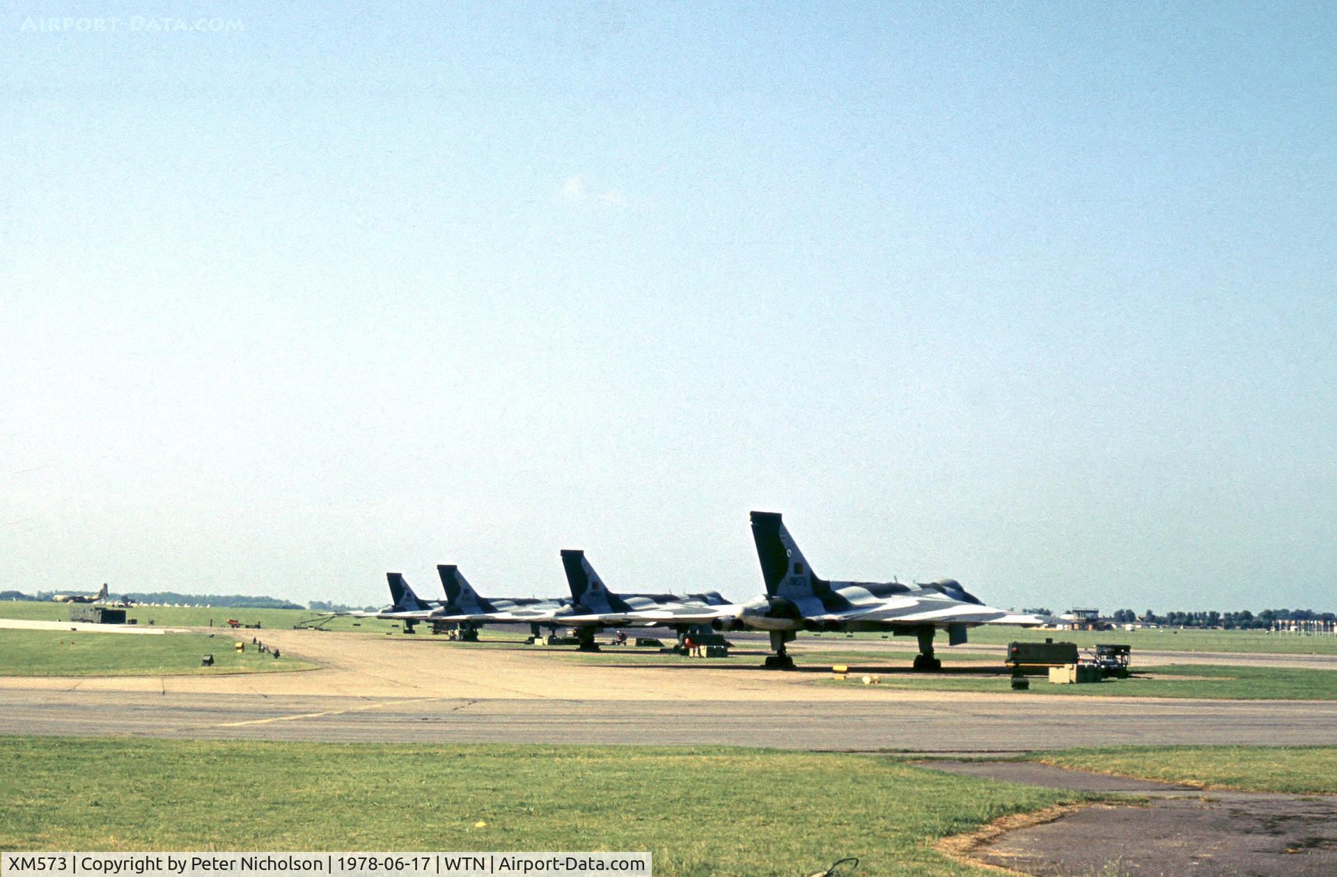 XM573, 1963 Avro Vulcan B.2 C/N Set 54, Vulcan B.2 XM 573 of 44 Squadron with others on the Operational Readiness Platform at the 1978 Waddington Open Day.