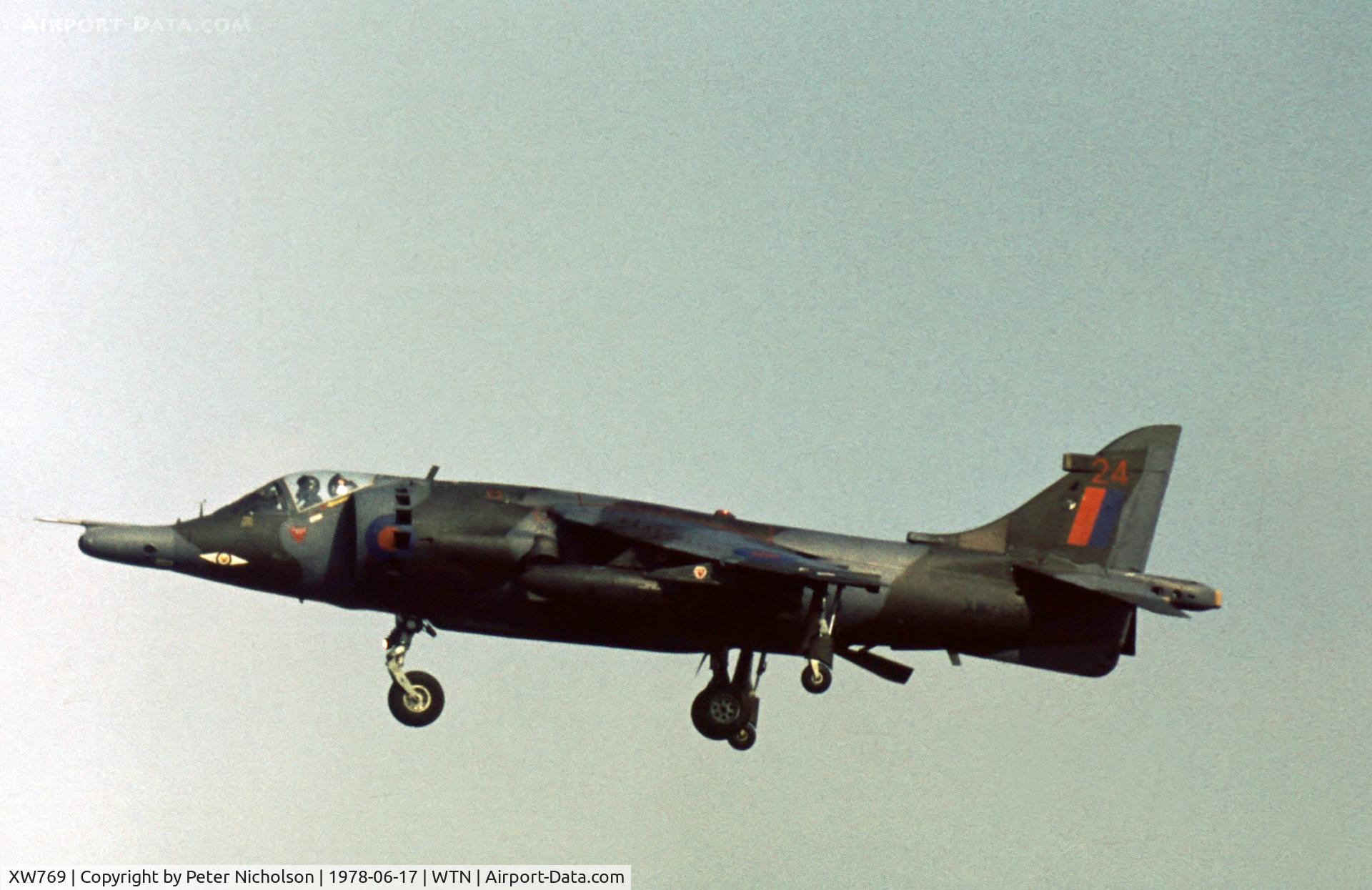 XW769, 1971 Hawker Siddeley Harrier GR.3 C/N 712086, Harrier GR.3 of 1 Squadron hovering at the 1978 Waddington Airshow.