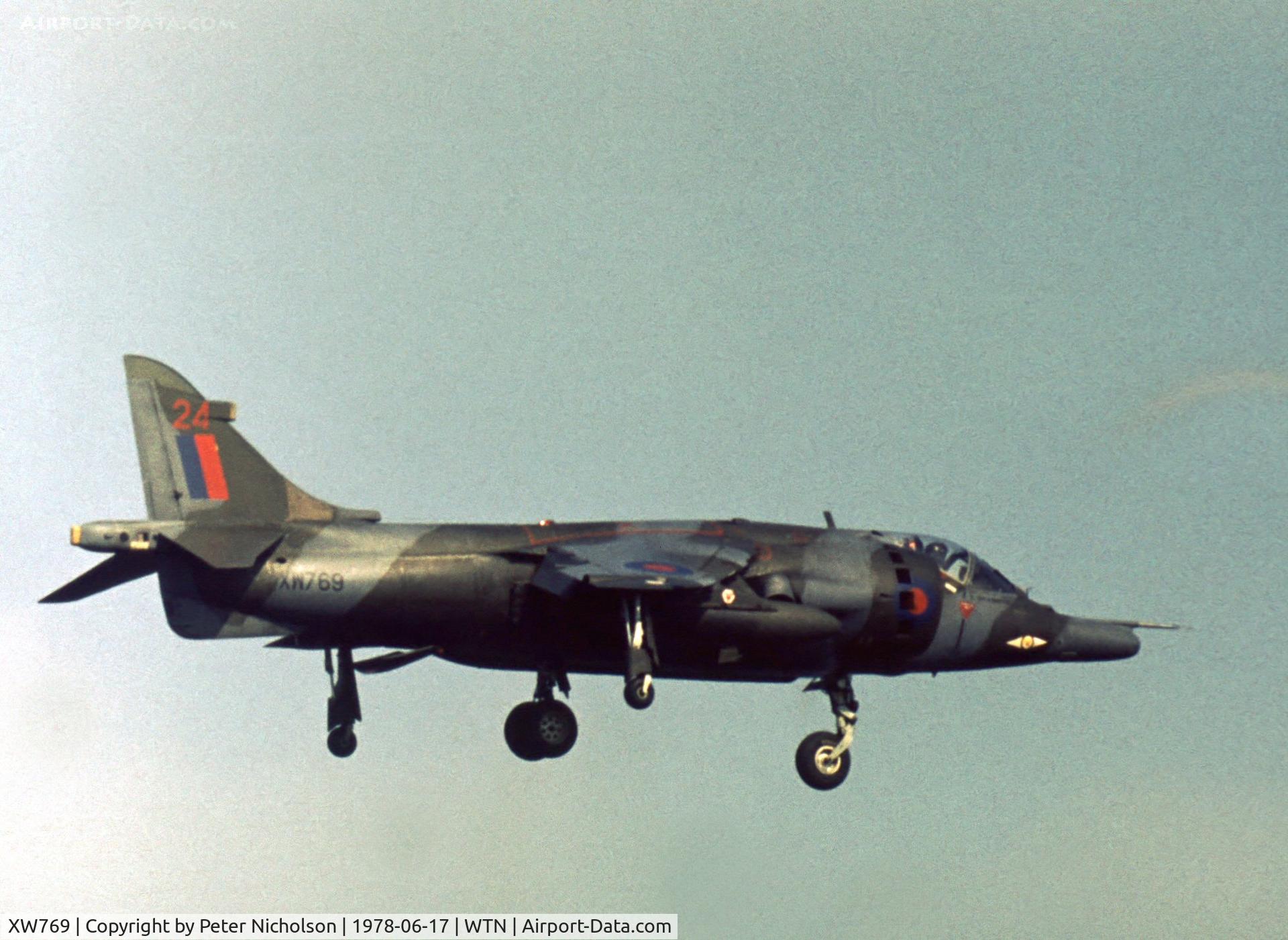 XW769, 1971 Hawker Siddeley Harrier GR.3 C/N 712086, Demonstrating its unique capability at the 1978 Waddington Airshow was this Harrier GR.3 of 1 Squadron.