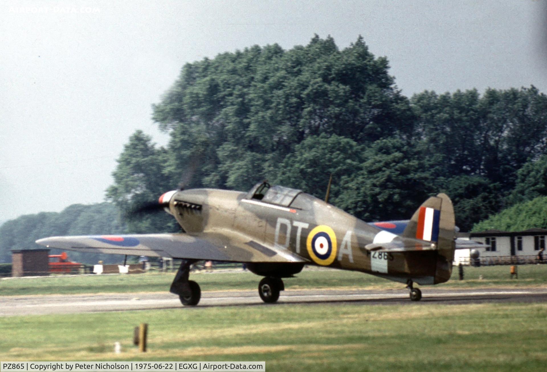 PZ865, 1944 Hawker Hurricane IIC C/N PZ865, Hurricane IIC of the Battle of Britain Memorial Flight taking off at the 1975 RAF Church Fenton Airshow.