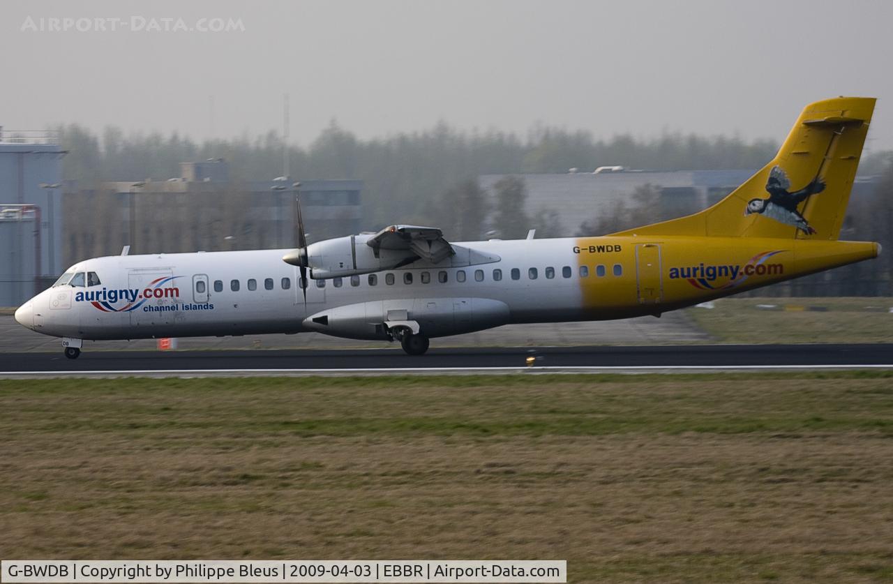 G-BWDB, 1995 ATR 72-202 C/N 449, Landing on rwy 25L. Aurigny is the French name of the (British channel) island of Alderney...