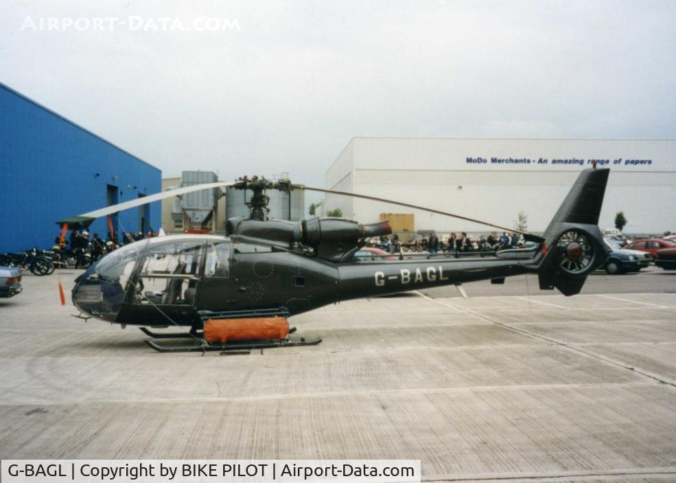 G-BAGL, 1972 Aerospatiale (Westland) SA-341G Gazelle C/N WA1067, SITTING OUTSIDE THE AUTOKRAFT/AC COBRA FACTORY AT BROOKLANDS EARLY 90'S