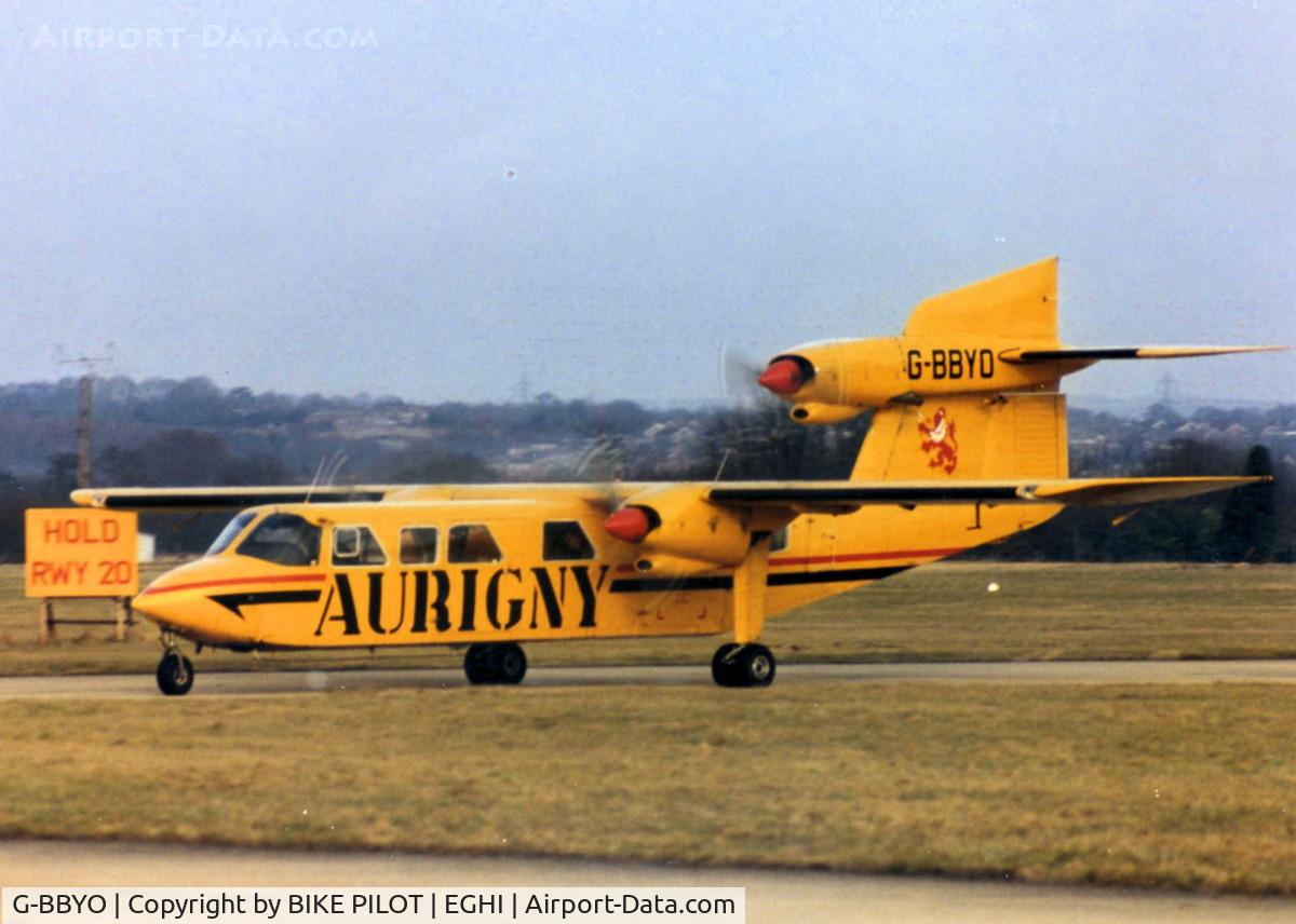 G-BBYO, 1974 Britten-Norman BN-2A Mk.III-1 Trislander C/N 362, STRIKING AURIGNY COLORS 1986 AT EASTLEIGH AIRPORT NOW SOUTHAMPTON