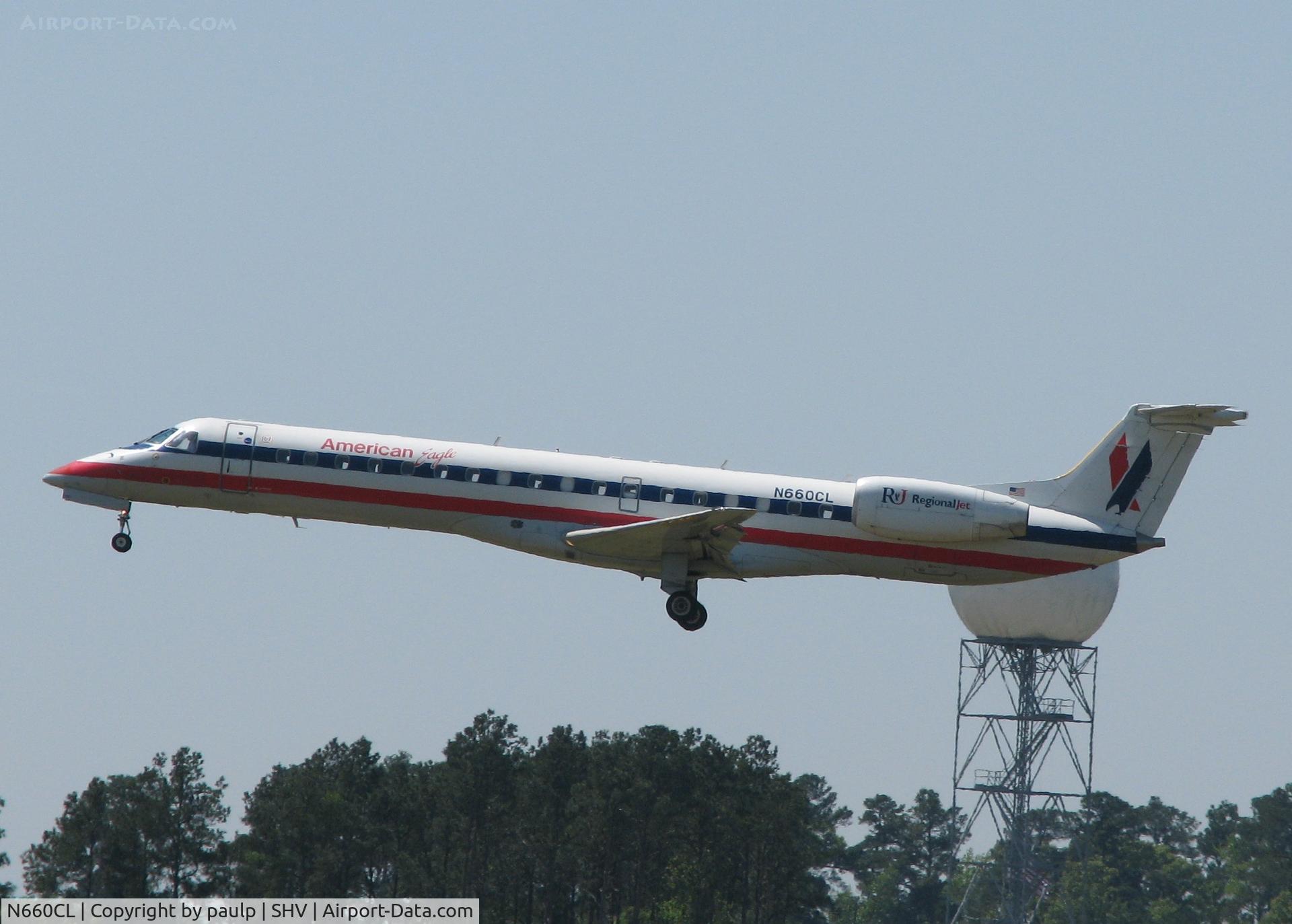 N660CL, 2003 Embraer ERJ-145LR (EMB-145LR) C/N 145764, Landing on 14 at the Shreveport Regional airport.