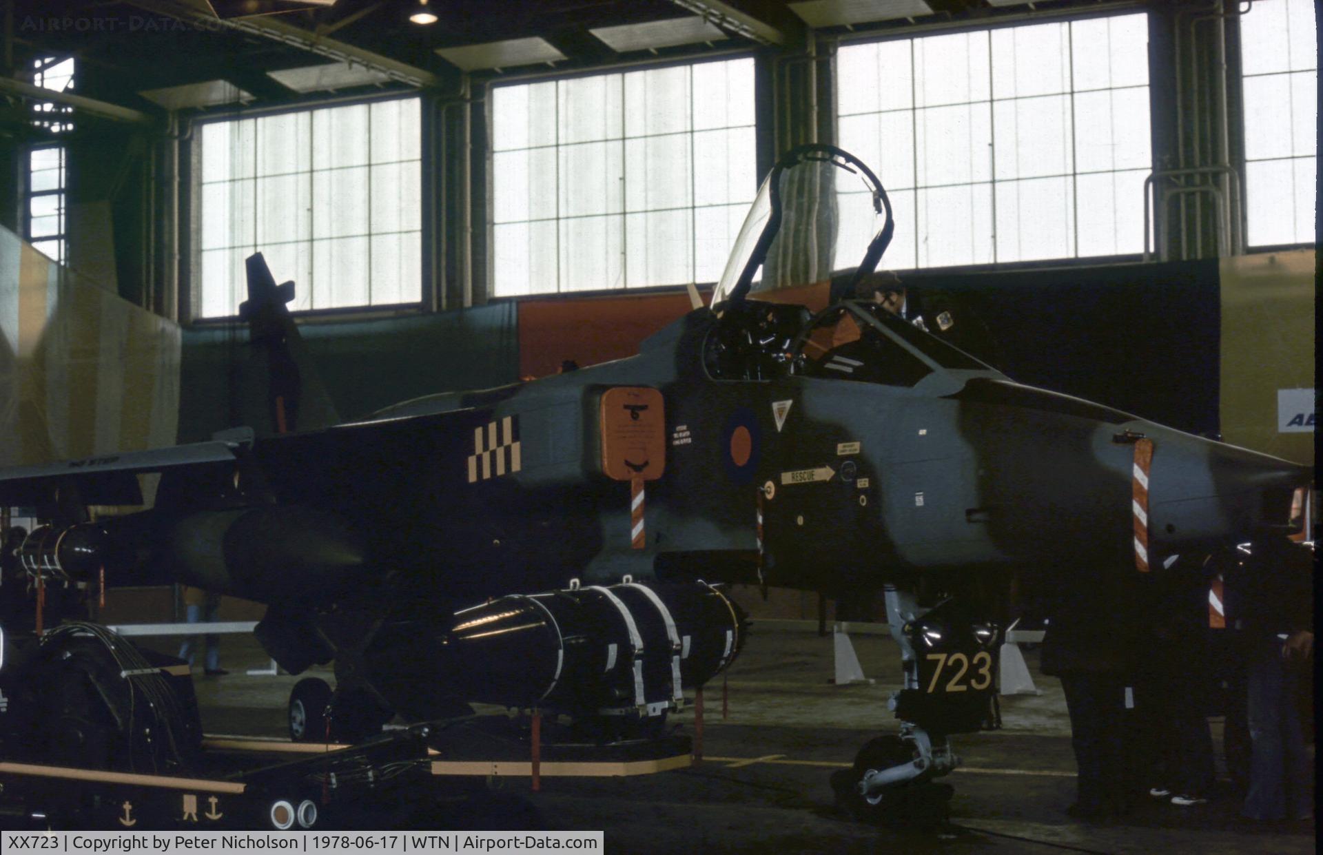 XX723, 1974 Sepecat Jaguar GR.1 C/N S.20, Jaguar GR.1 of 54 Squadron in a hanger display at the 1978 Waddington Airshow.