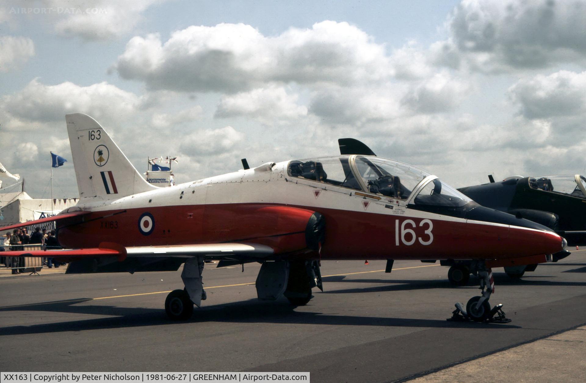 XX163, 1976 Hawker Siddeley Hawk T.1 C/N 010/312010, Hawk T.1 of 4 Flying Training School on display at the 1981 Intnl Air Tattoo at Greenham Common.