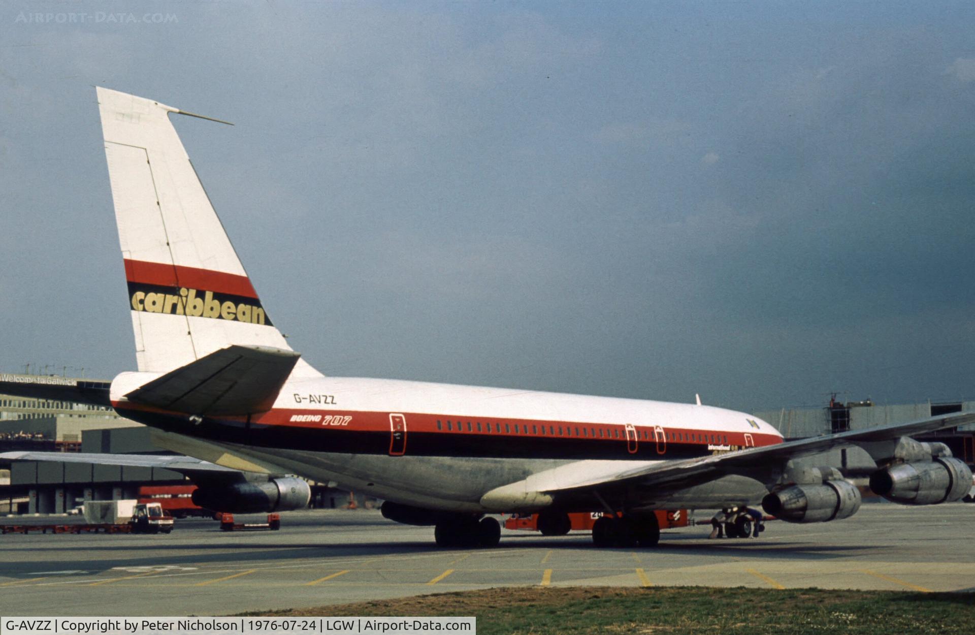 G-AVZZ, 1959 Boeing 707-138B C/N 17699, Boeing 707-138B of Caribbean Airways at London Gatwick in the Summer of 1976.