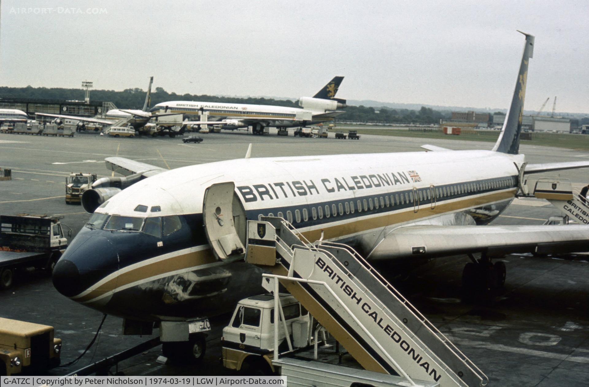 G-ATZC, 1967 Boeing 707-365C C/N 19416, Boeing 707-365C of British Caledonian Airways at the terminal of London Gatwick in the Spring of 1974.