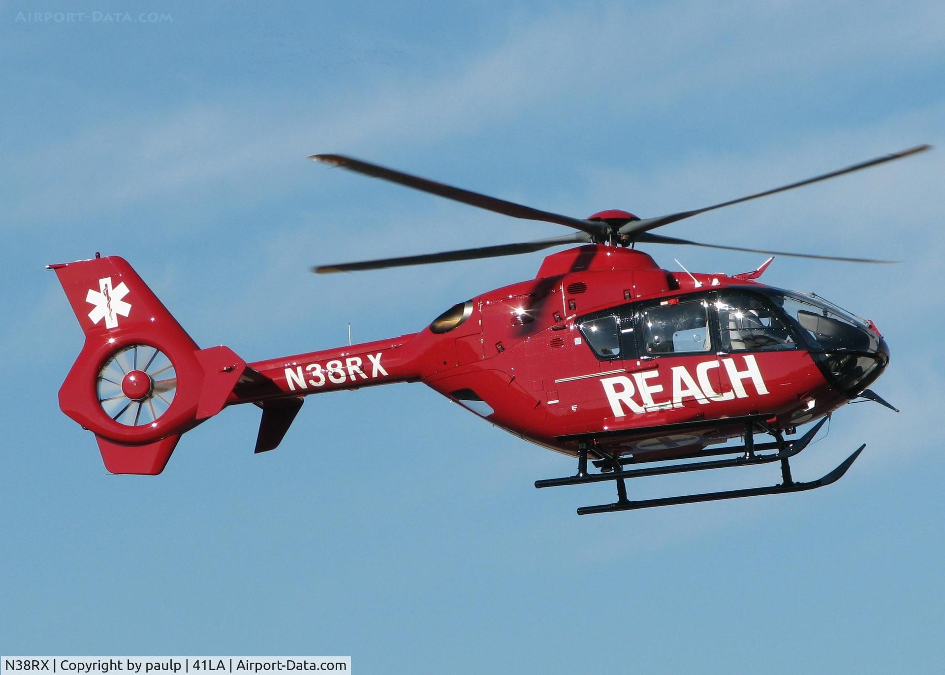 N38RX, Eurocopter EC-135P-2+ C/N 0749, Taking off from Metro Aviation near the Shreveport Downtown airport.