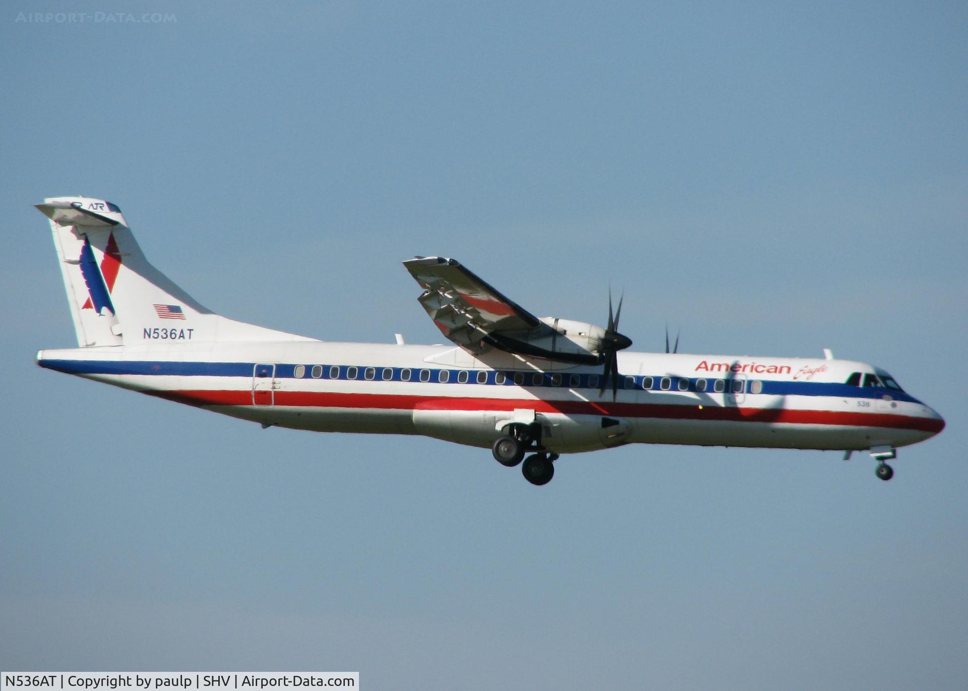 N536AT, 1997 ATR 72-212A C/N 536, Landing on runway 32 at the Shreveport Regional airport.