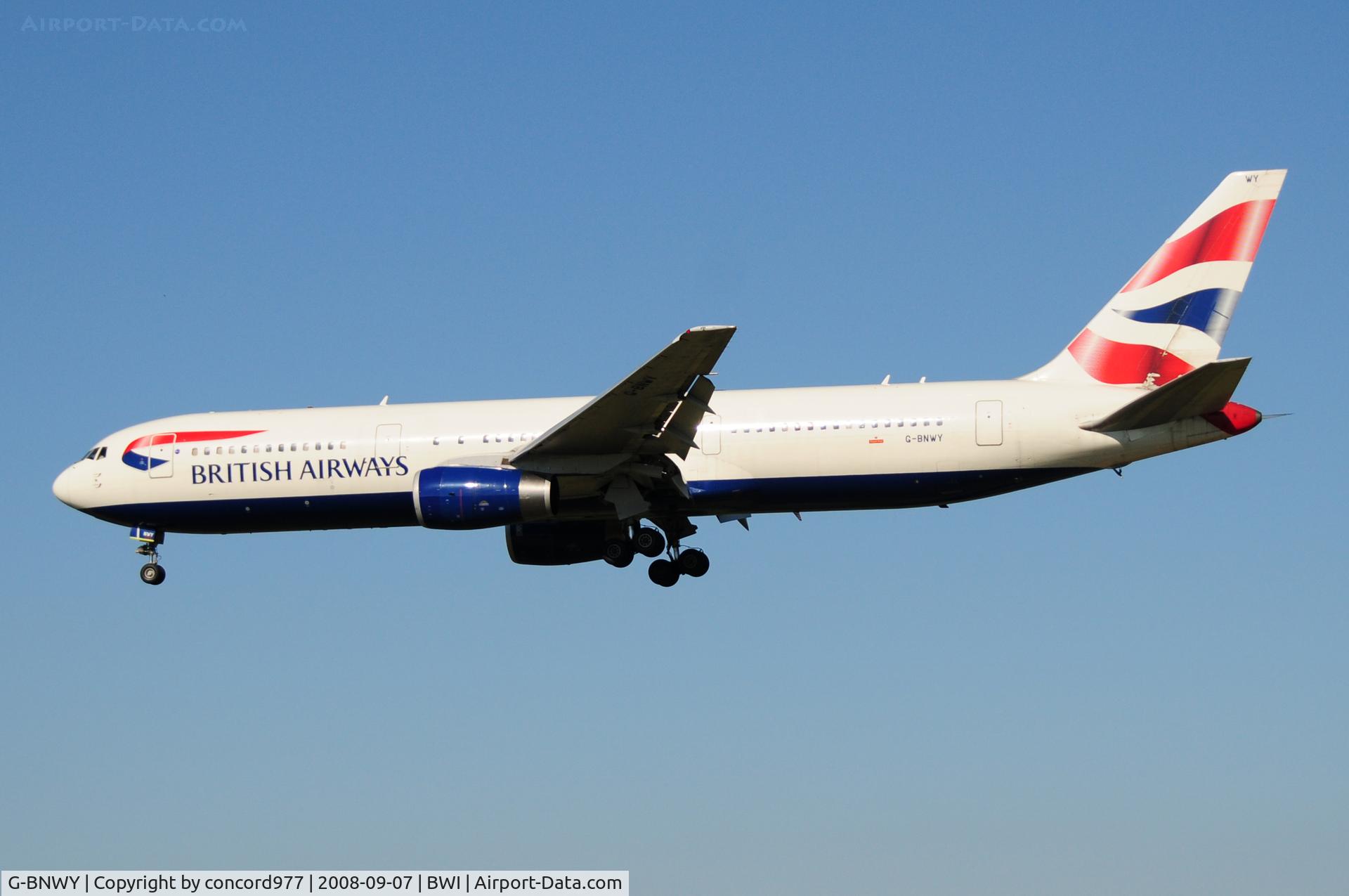 G-BNWY, 1996 Boeing 767-336 C/N 25834, Arriving KBWI