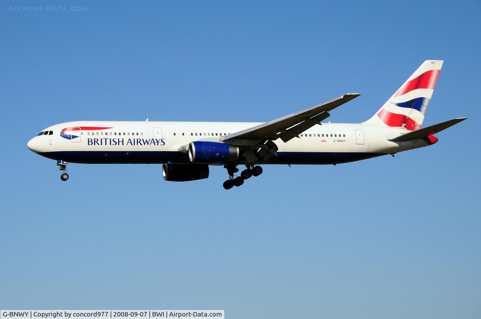 G-BNWY, 1996 Boeing 767-336 C/N 25834, Arriving KBWI