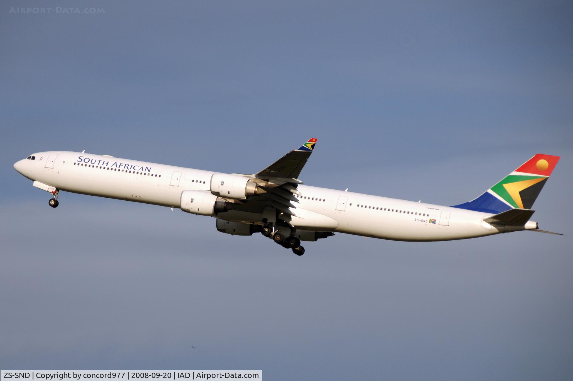 ZS-SND, 2003 Airbus A340-642 C/N 531, Departing KIAD for JNB