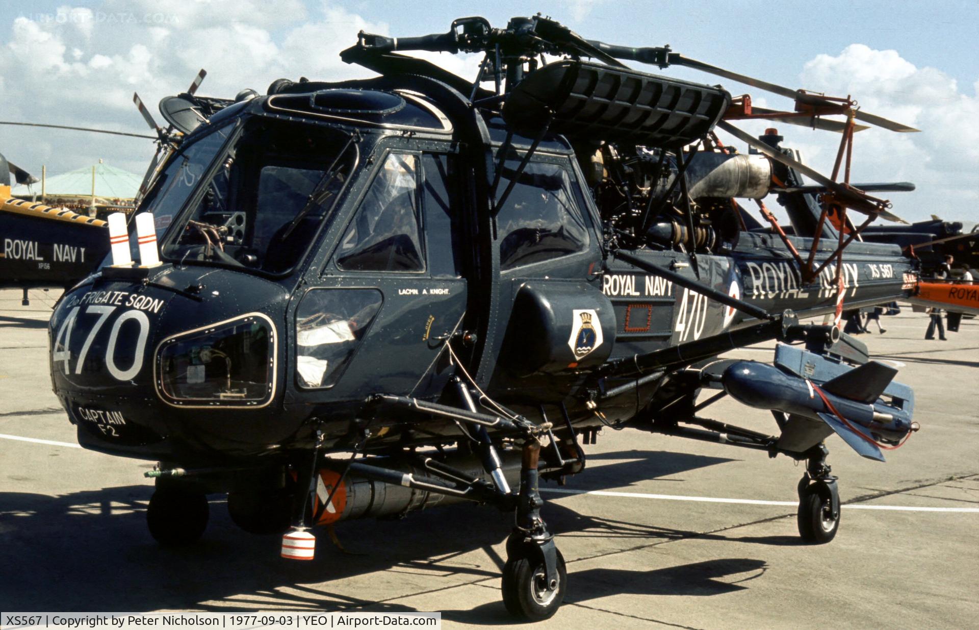 XS567, 1964 Westland Wasp HAS.1 C/N F9578, Wasp HAS.1 of 829 Squadron marked with 2nd Frigate Squadron legend and displayed at the 1977 RNAS Yeovilton Air Day.