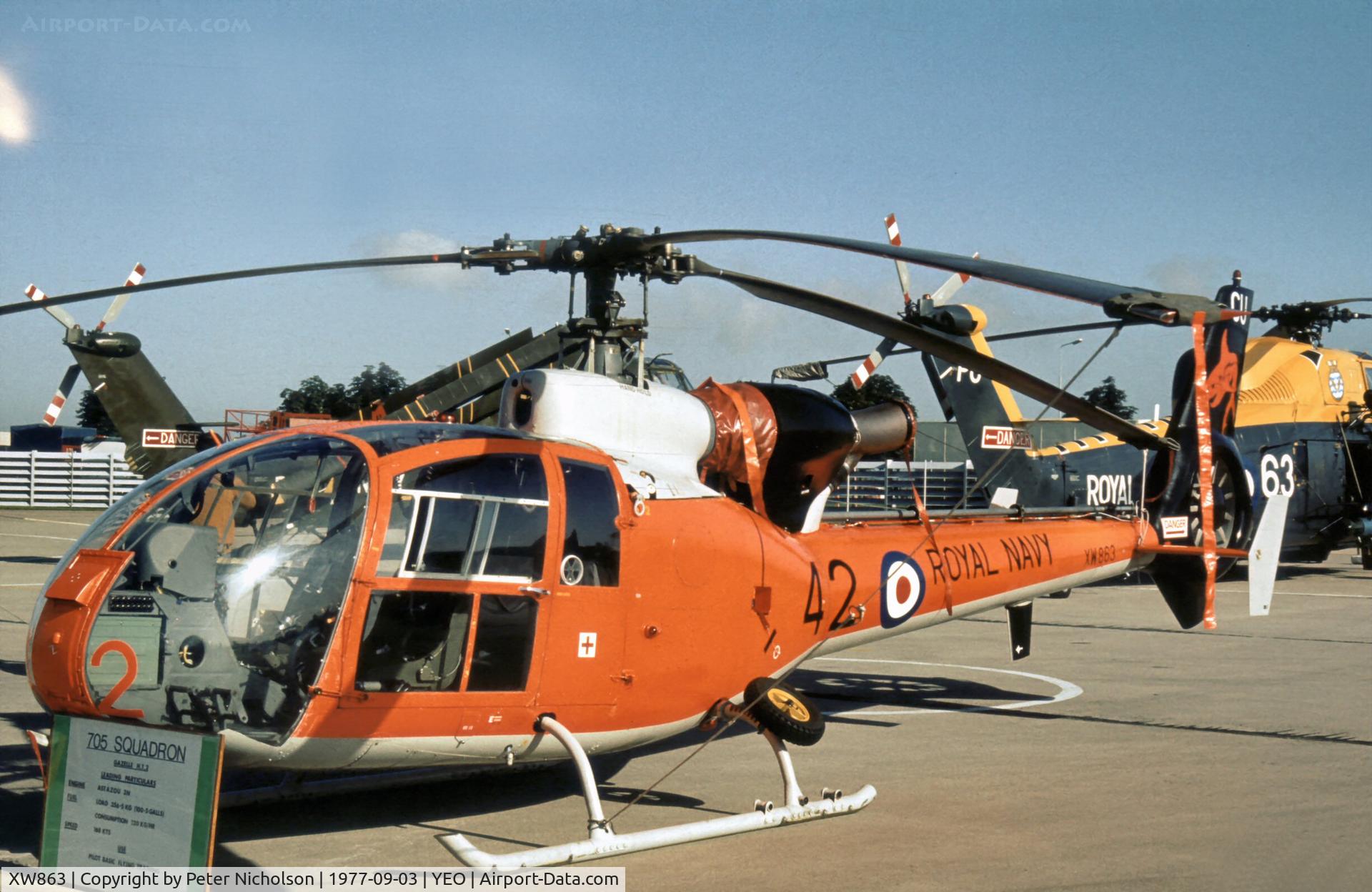 XW863, 1973 Westland SA-341C Gazelle HT2 C/N WA1114, Gazelle HT.2 of 705 Squadron in the static park of the 1977 RNAS Yeovilton Air Day.