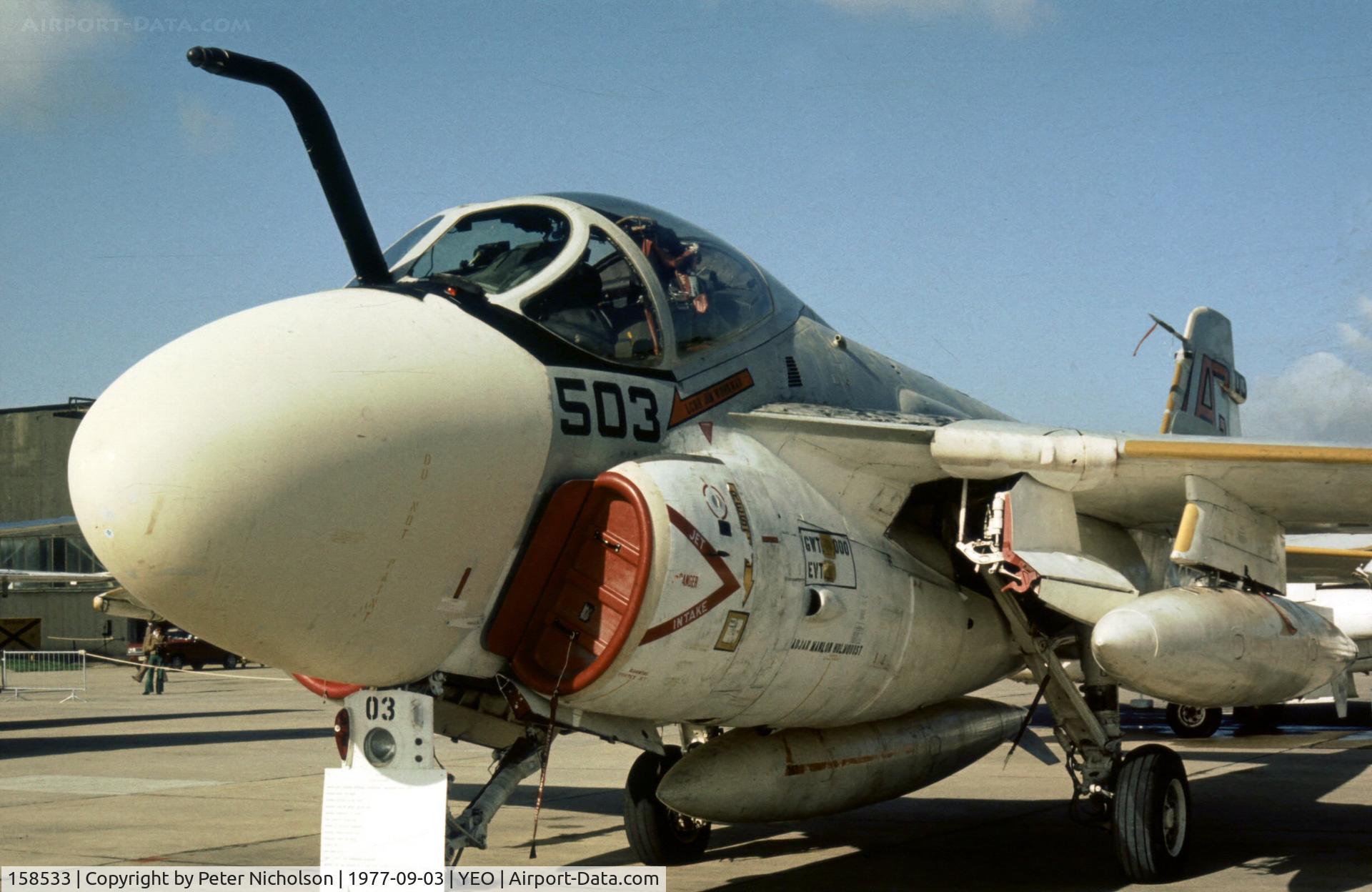 158533, Grumman A-6E Intruder C/N I-516, A-6E Intruder of VA-65 on display in the static park of the 1977 RNAS Yeovilton Air Day.
