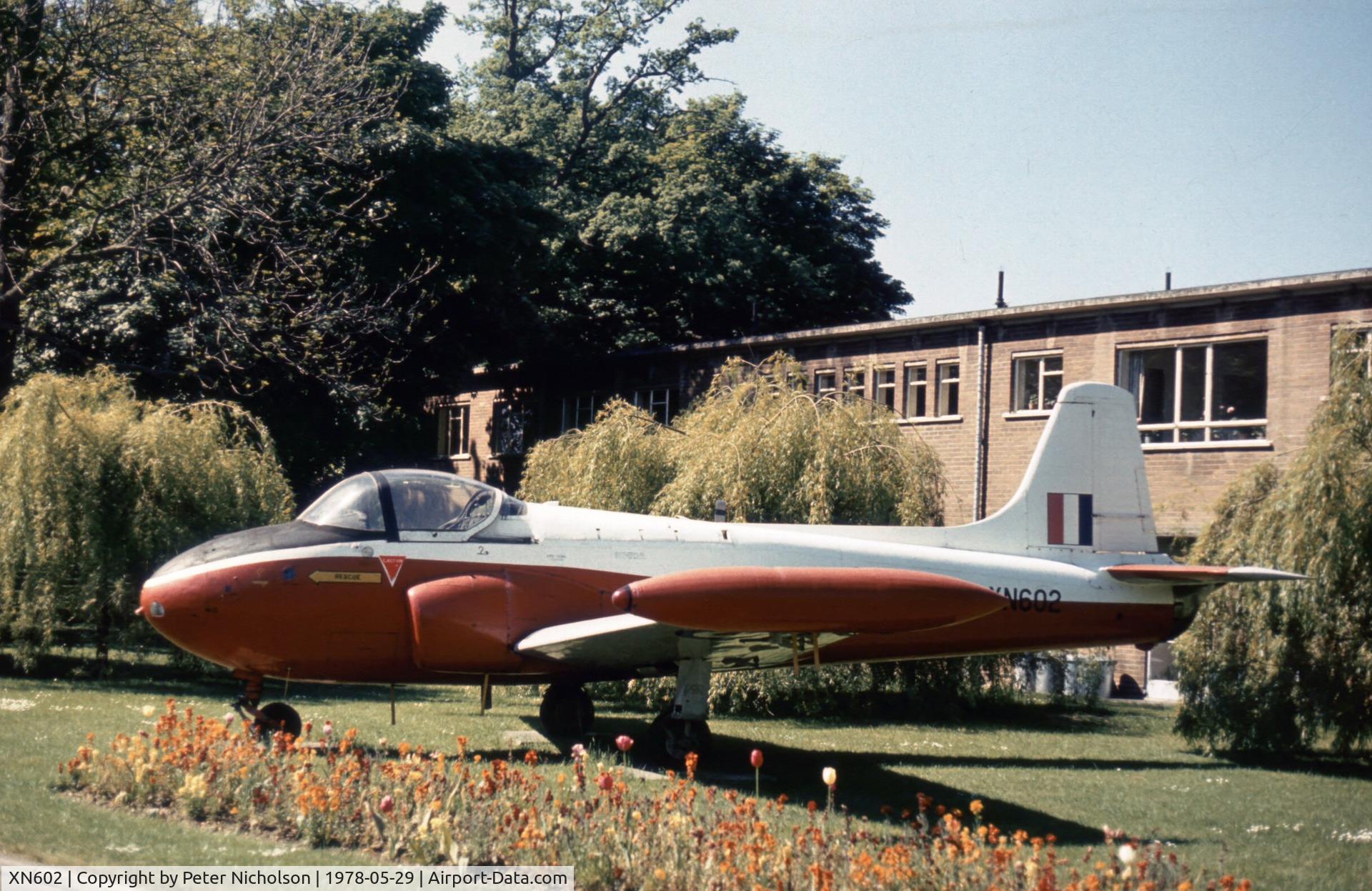 XN602, 1961 Hunting P-84 Jet Provost T.3 C/N PAC/W/13887, Jet Provost T.3 as gate guardian at RAF Brampton in the Summer of 1978.