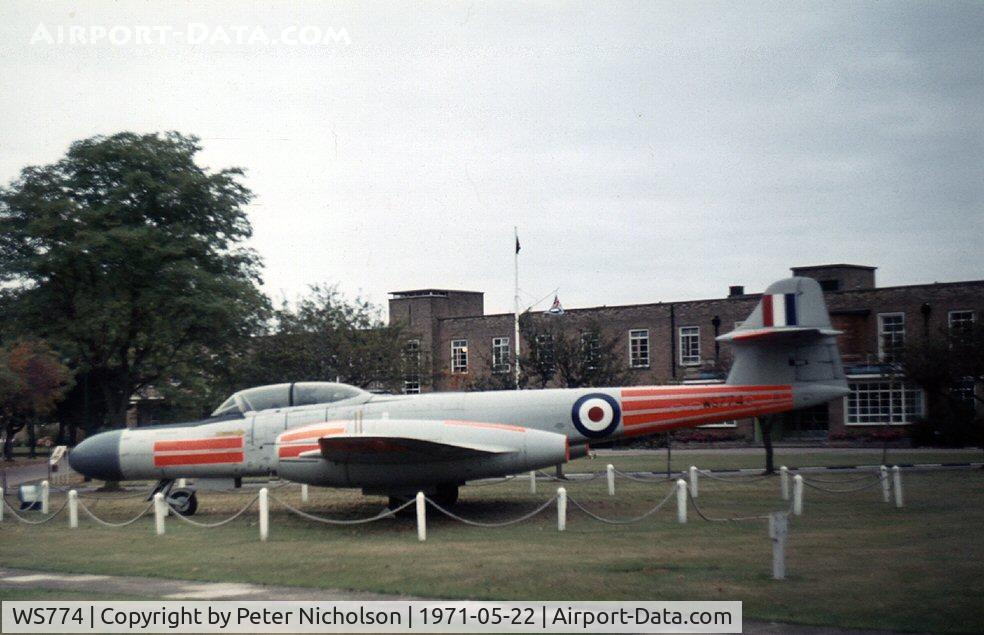WS774, 1954 Gloster Meteor NF(T).14 C/N Not found WS774, Meteor NF(T).14 as gate guardian at the RAF Hospital, Ely in the Summer of 1971.
