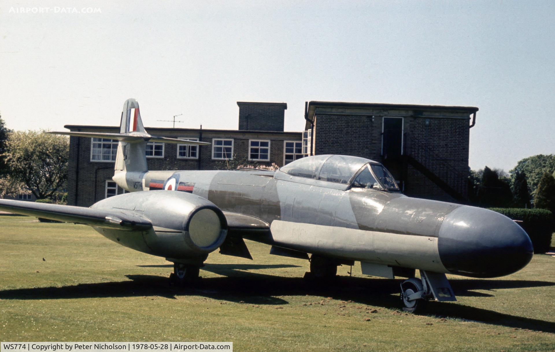 WS774, 1954 Gloster Meteor NF(T).14 C/N Not found WS774, When seen in the Summer of 1978 at the RAF Hospital, Ely this gate guardian was in different markings.