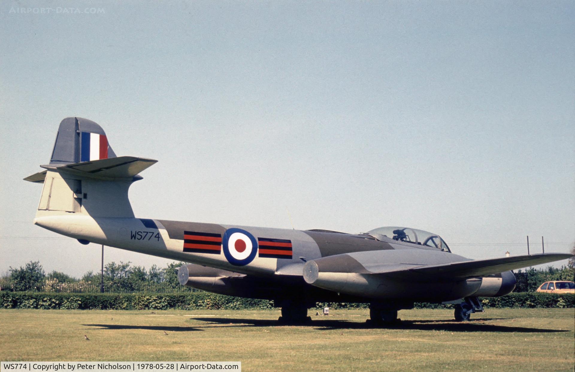 WS774, 1954 Gloster Meteor NF(T).14 C/N Not found WS774, Another view of the changed markings since 1971 of this gate guardian at the RAF Hospital, Ely.