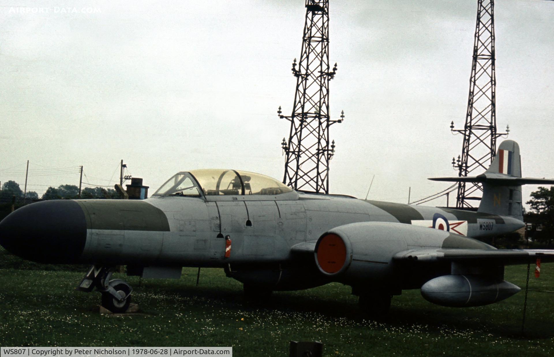 WS807, 1954 Gloster Meteor NF(T).14 C/N Not found WS807, Meteor NF(T).14 as gate guardian at RAF Watton in the Summer of 1978.