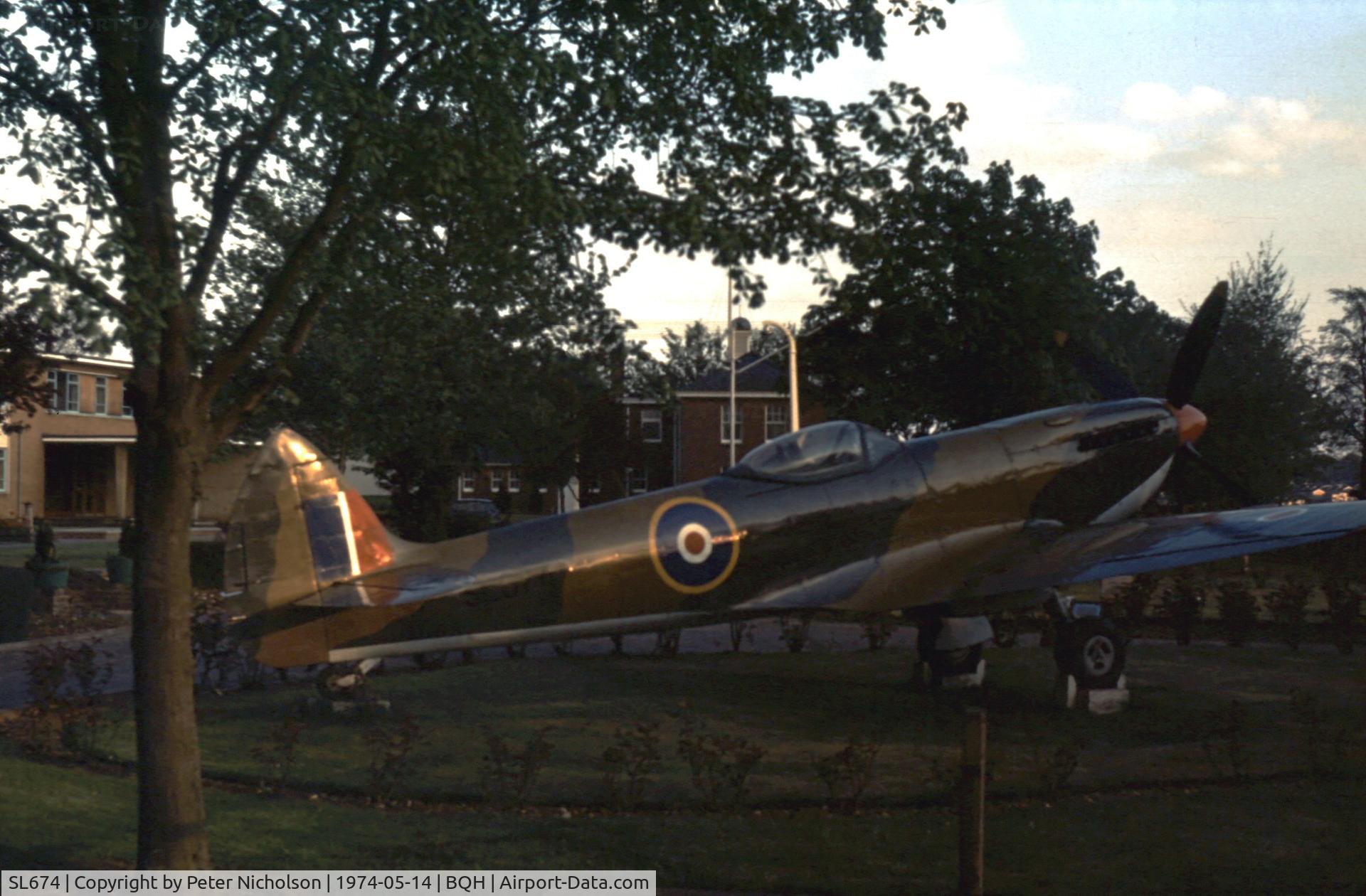 SL674, Supermarine 361 Spitfire LF.XVIe C/N CBAF.IX.4701, In 1974 this Spitfire LF.XVIe was gate guardian at the Battle of Britain Memorial Chapel at Biggin Hill - the aircraft was replaced by a replica in February 1989.