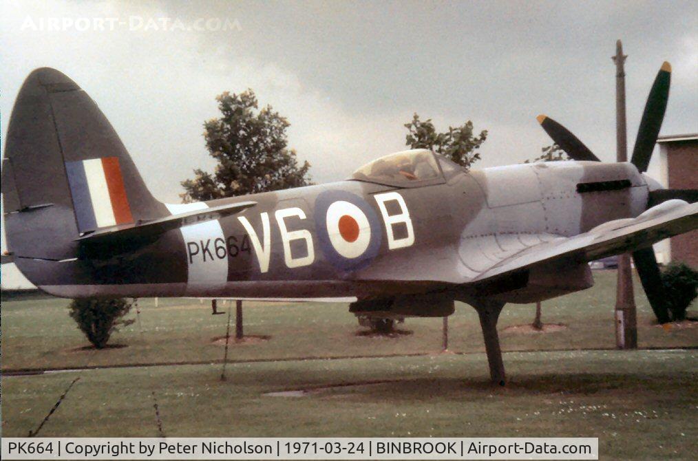 PK664, Supermarine 356 Spitfire F.22 C/N CBAF.217, Spitfire F.22 in markings of 615 Squadron as gate guardian at RAF Binbrook in the Spring of 1971.