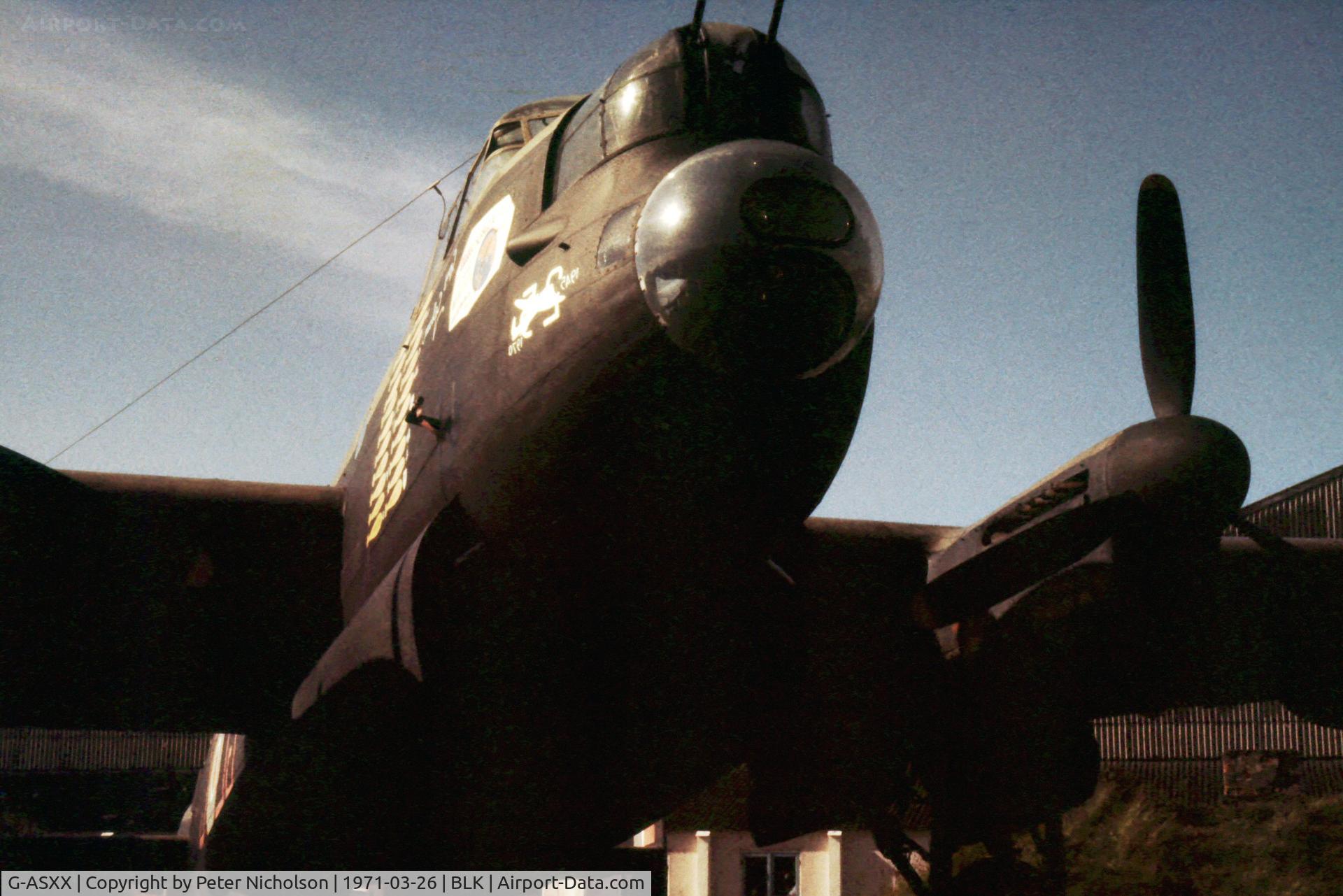 G-ASXX, 1945 Avro 683 Lancaster B7 C/N Not found NX611, Lancaster B.VII NX 611 as gate guardian at Squire's Gate, Blackpool in the Spring of 1971.