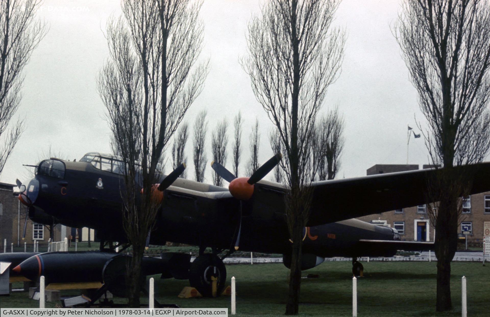 G-ASXX, 1945 Avro 683 Lancaster B7 C/N Not found NX611, In 1973 this Lancaster B.VII moved from Blackpool to become gate guardian at RAF Scampton as seen in the Spring of 1978.