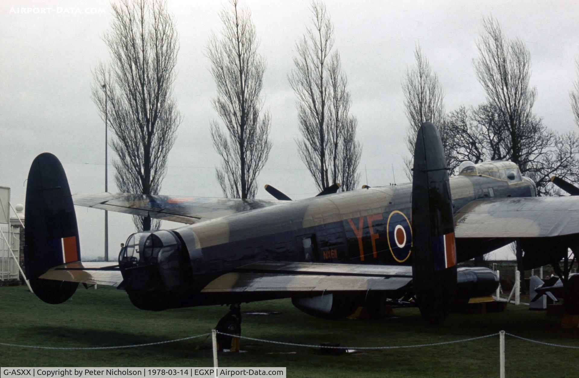 G-ASXX, 1945 Avro 683 Lancaster B7 C/N Not found NX611, Lancaster B.VII as gate guardian at RAF Scampton from 1973 until April 1988.