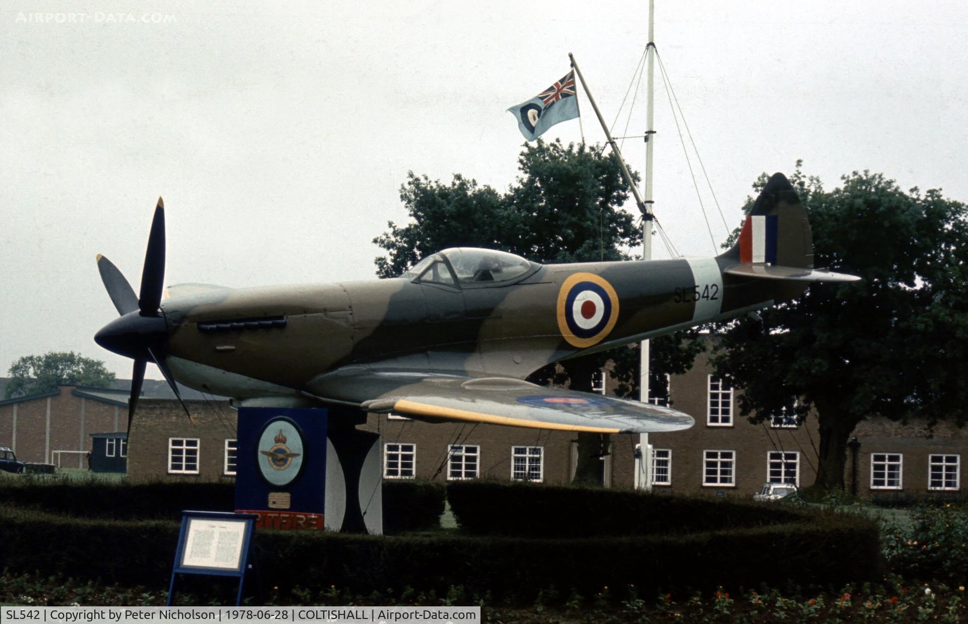 SL542, 1945 Supermarine 361 Spitfire LF.XVIe C/N CBAF.IX.4656, Spitfire LF.XVIe SL 542 as gate guardian at RAF Coltishall in the Summer of 1978.