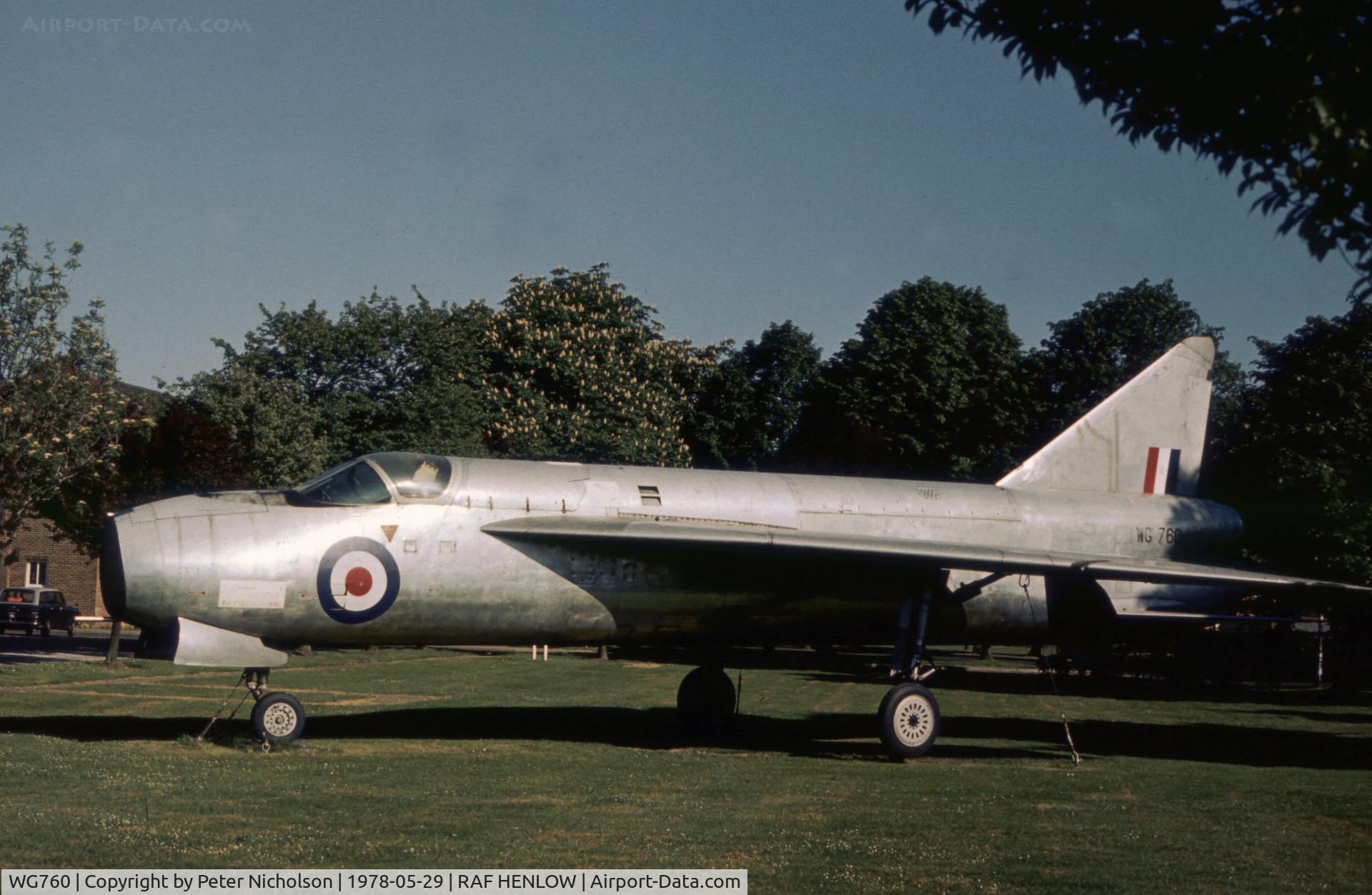 WG760, 1954 English Electric P.1A C/N 95001, Another view of RAF Henlow's English Electric P.1A gate guardian as seen in the Summer of 1978.
