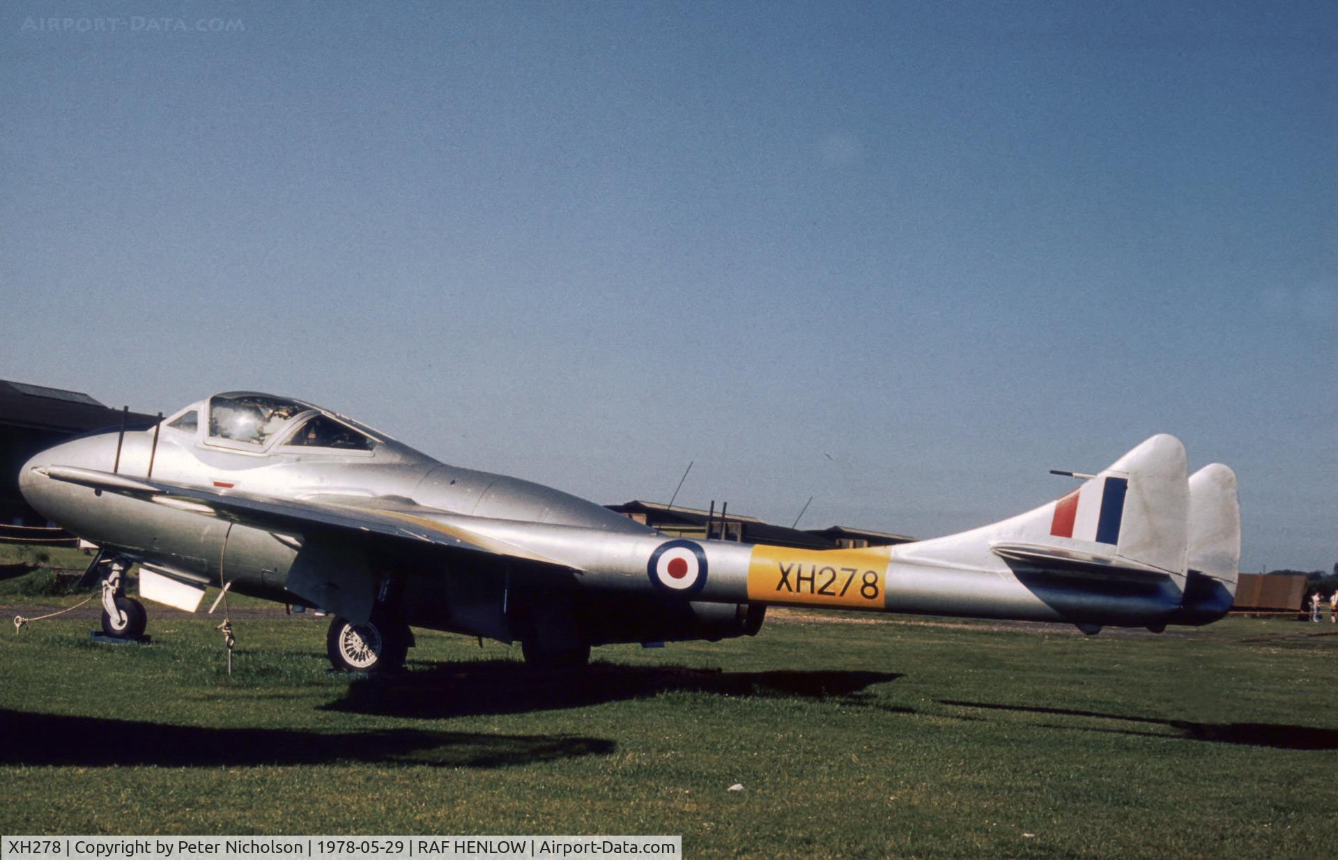 XH278, 1955 De Havilland DH-115 Vampire T.11 C/N 15607, Vampire T.11 XH 278 was a gate guardian at an Air Training Corps unit at RAF Henlow in 1978.