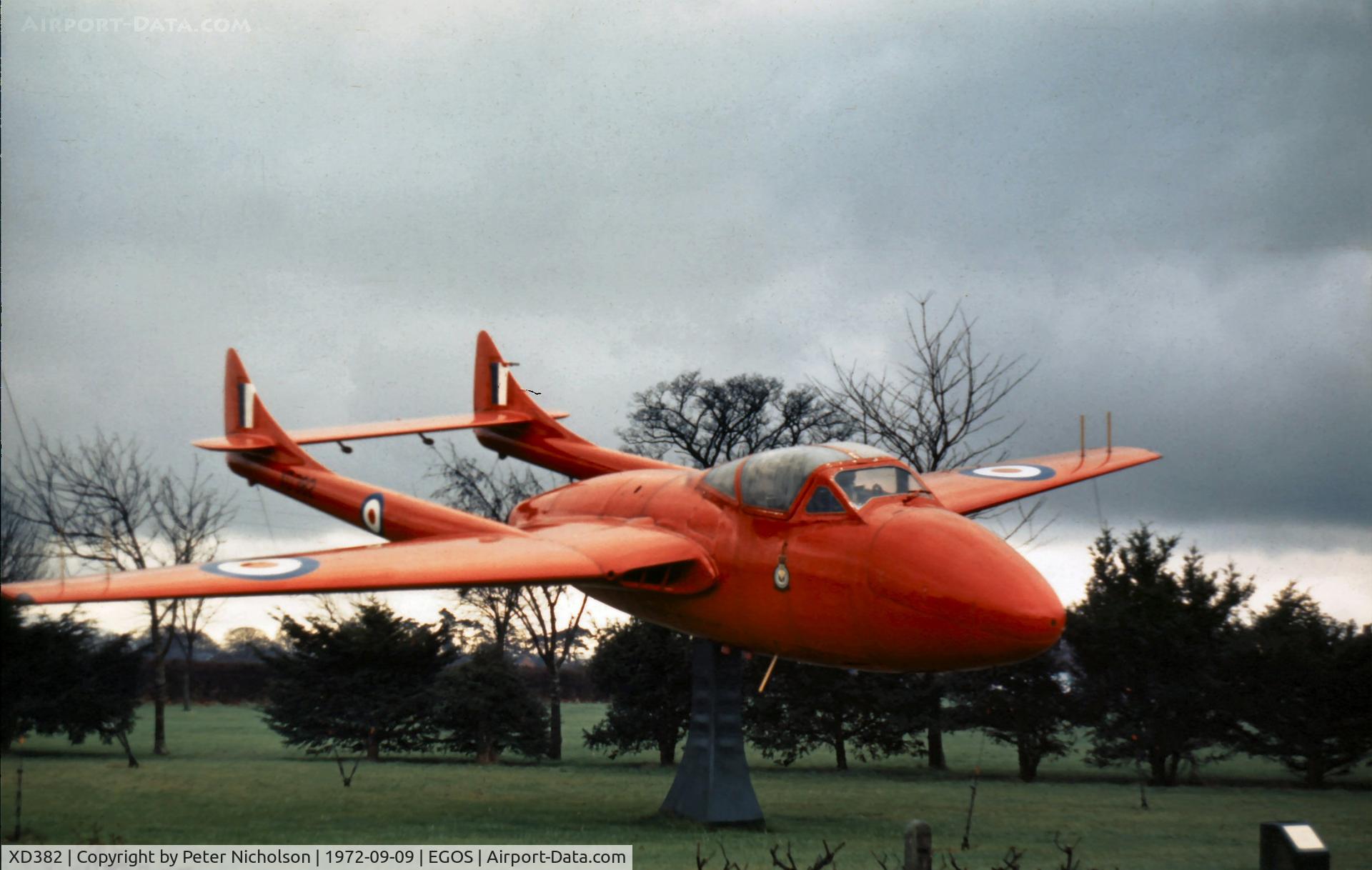 XD382, 1953 De Havilland DH-115 Vampire T.11 C/N 15229, Vampire T.11 XD 382 was a gate guardian at RAF Shawbury in 1972.