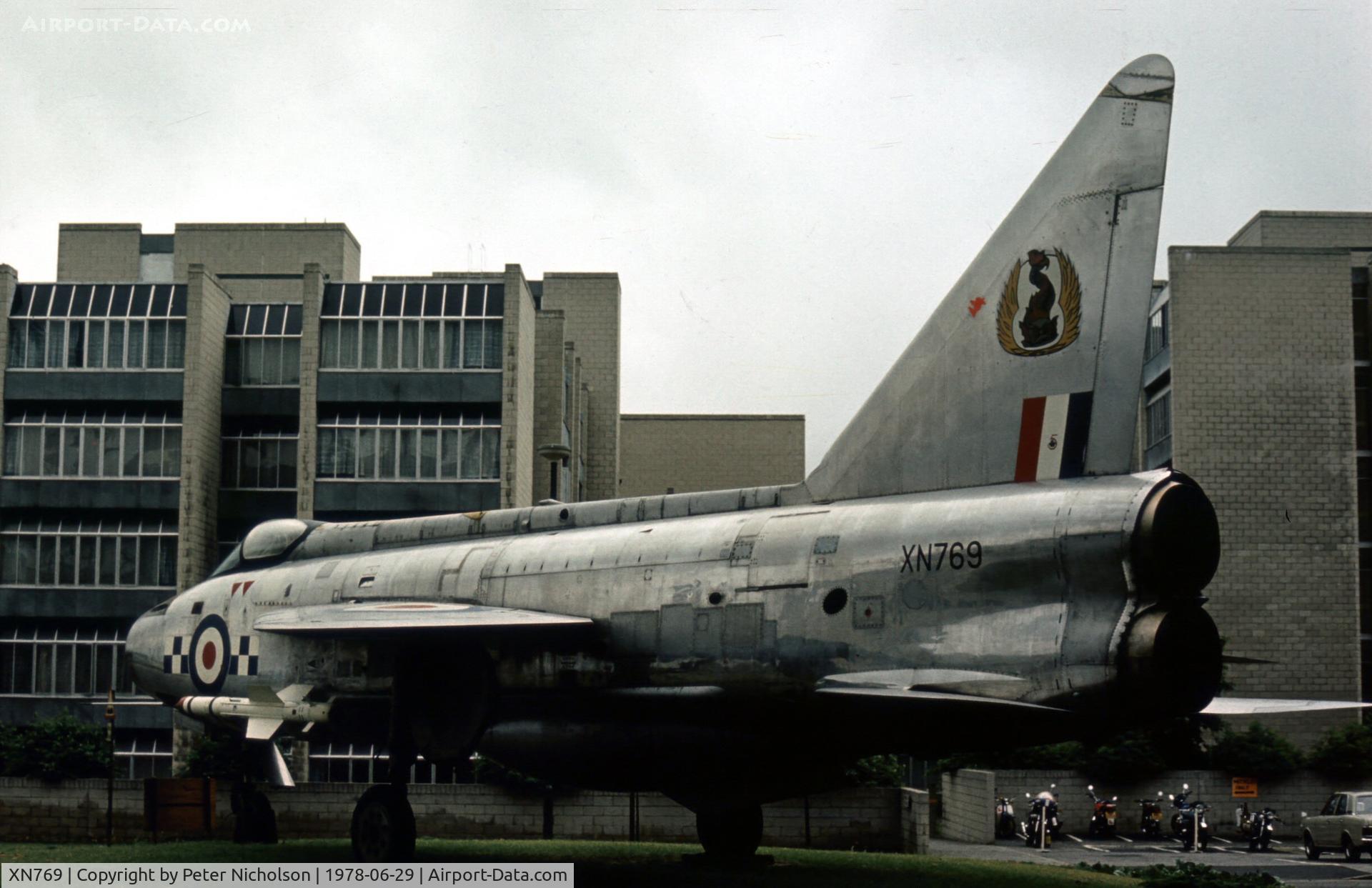 XN769, 1962 English Electric Lightning F.2 C/N 95122, Lightning F.2 as gate guardian at London Air Traffic Control Centre, West Drayton in the Summer of 1978.