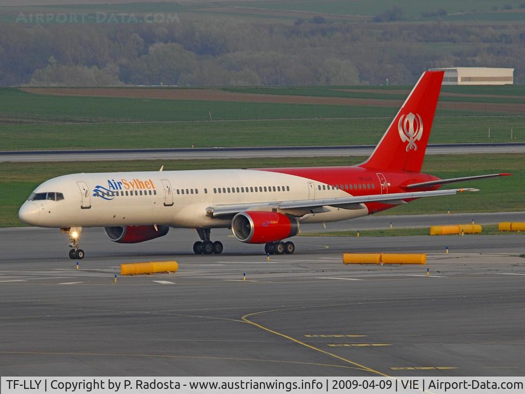 TF-LLY, 1987 Boeing 757-225 C/N 22691, Air Sylhet departing from VIE to BHX - the onward flight from VIE to Amritsar (India) was cancelled and so the plane returned to BHX one day later