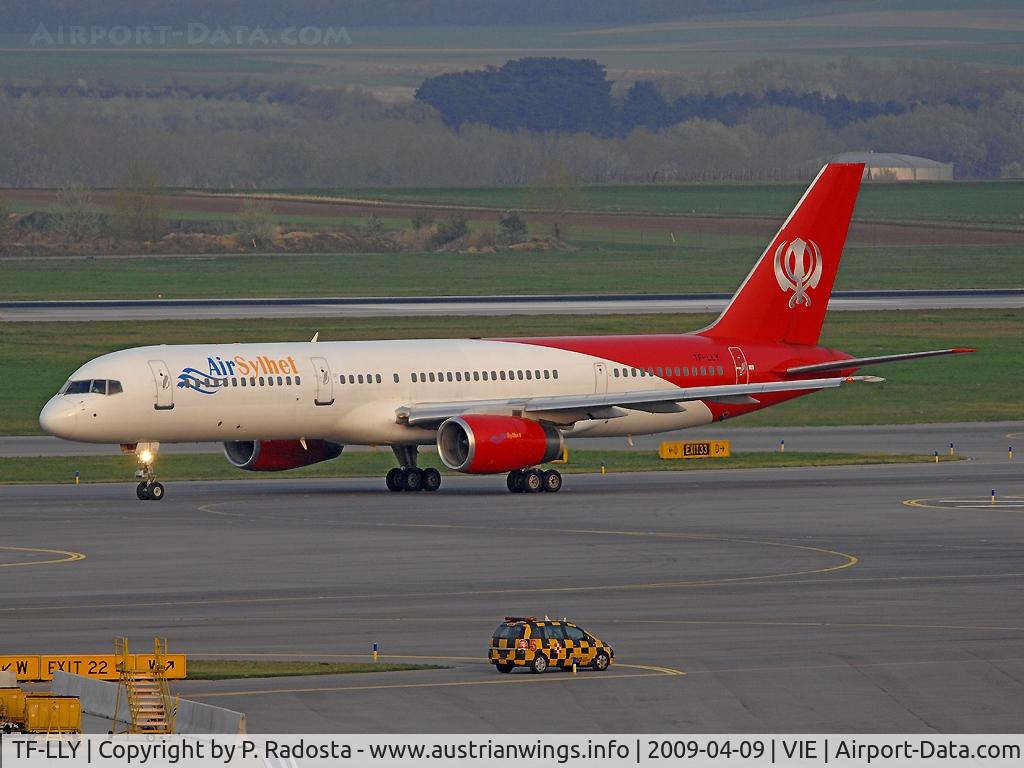 TF-LLY, 1987 Boeing 757-225 C/N 22691, Air Sylhet departing from VIE to BHX - the onward flight from VIE to Amritsar (India) was cancelled and so the plane returned to BHX one day later