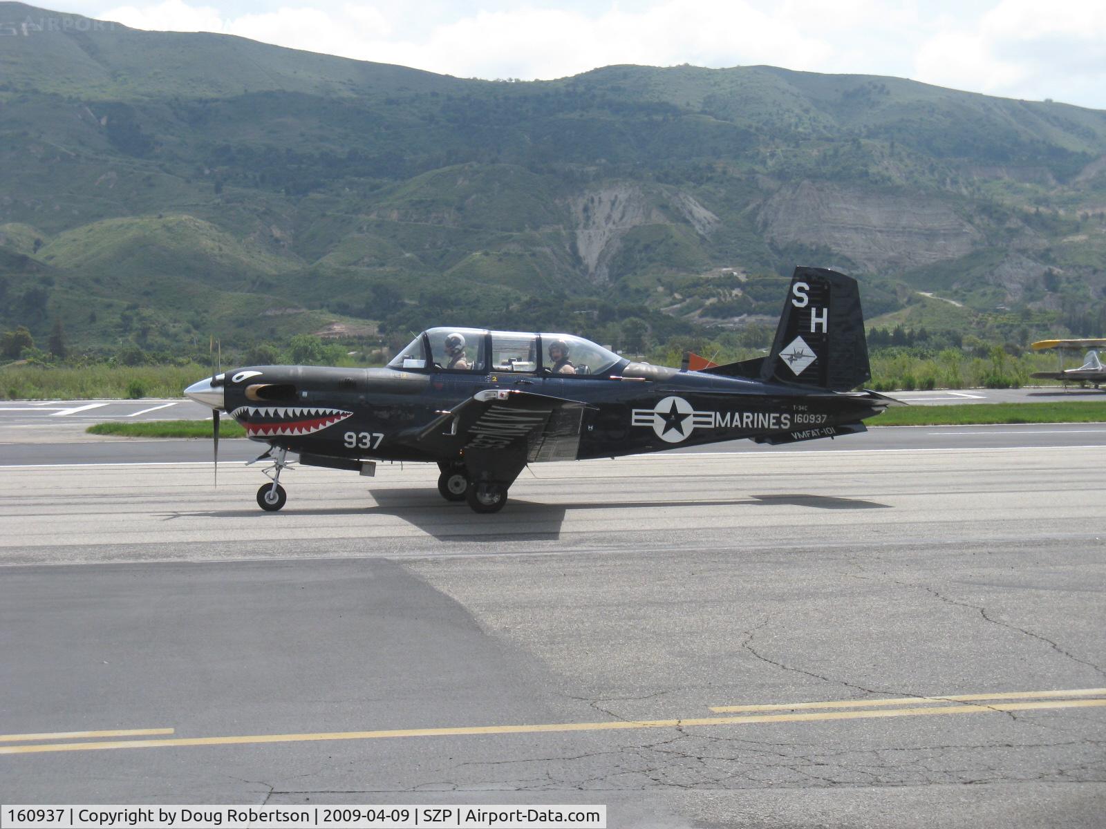 160937, Beech T-34C Turbo Mentor C/N GL-123, Beech T-34C TURBINE MENTOR Sierra Hotel of USMC VMFAT-101, one P&W(C)PT6A-25 400 shp turboprop, Returned to service 1998. Taxi back.