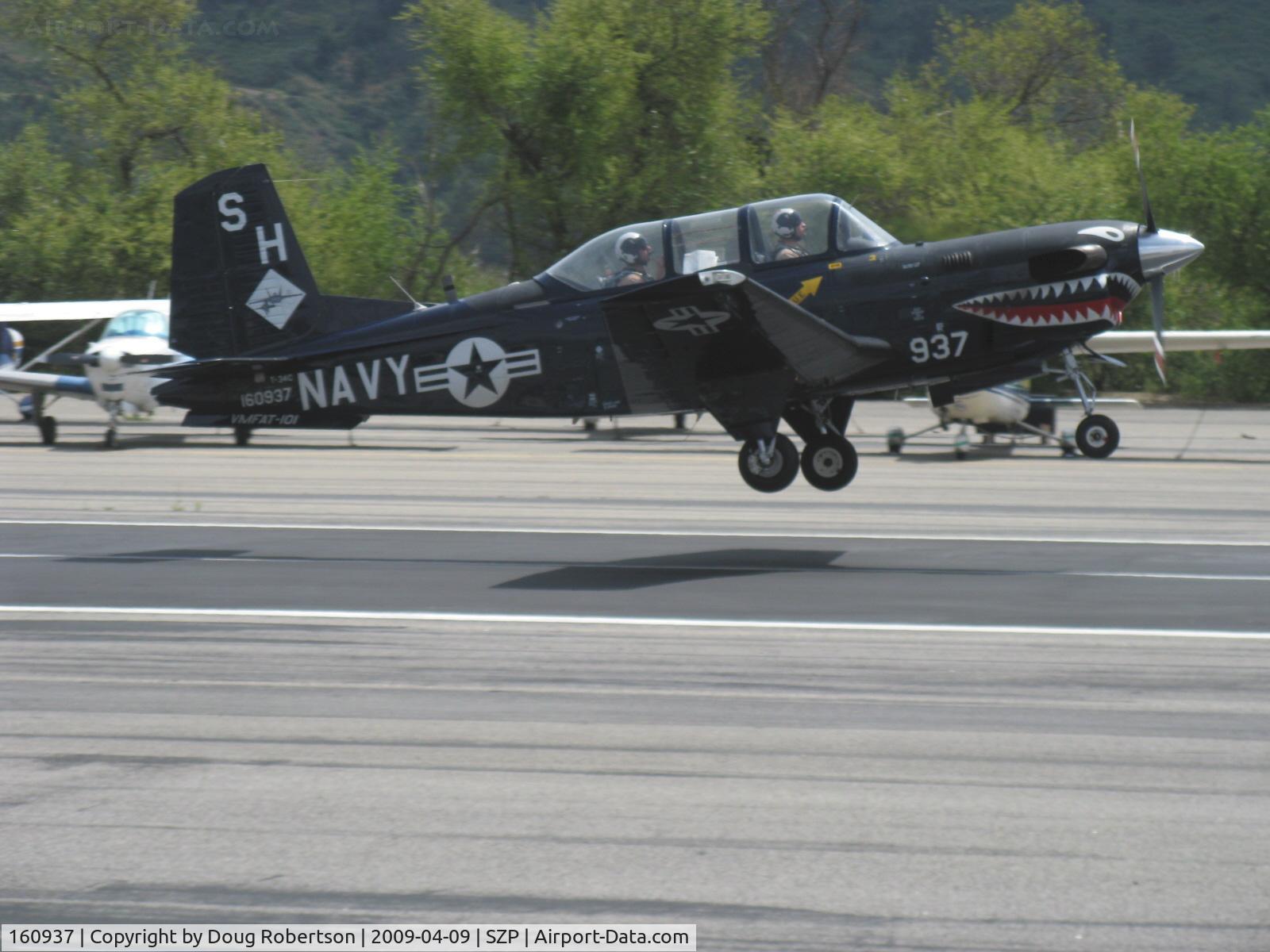 160937, Beech T-34C Turbo Mentor C/N GL-123, Beech T-34C TURBINE MENTOR Sierra Hotel of USMC VMFAT-101, one P&W(C)PT6A-25 400 shp turboprop, Returned to service 1998. Landing Rwy 22.