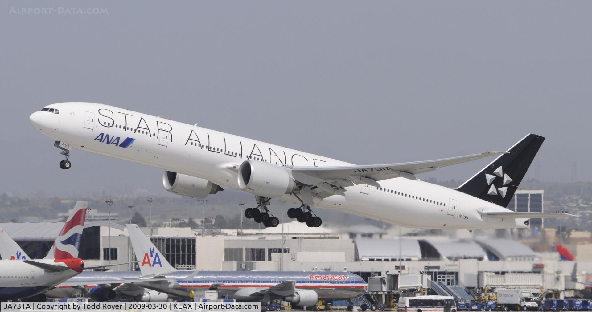 JA731A, 2004 Boeing 777-381/ER C/N 28281, Departing LAX on 25R