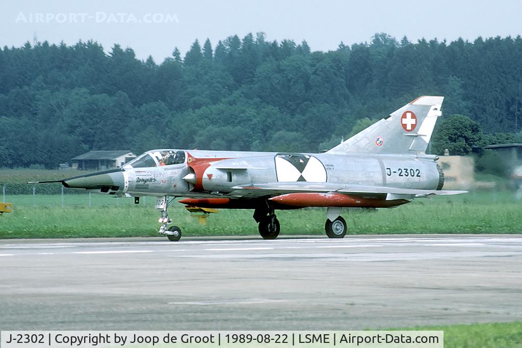 J-2302, Dassault (F+W Emmen) Mirage IIIS C/N 502, during its entire career J-2302 was used as a test bed. Here it is seen with the first version of the canars. Althoug being a IIIS it is fitted with a IIIRS camera nose. Note also the vast number of mission markings.