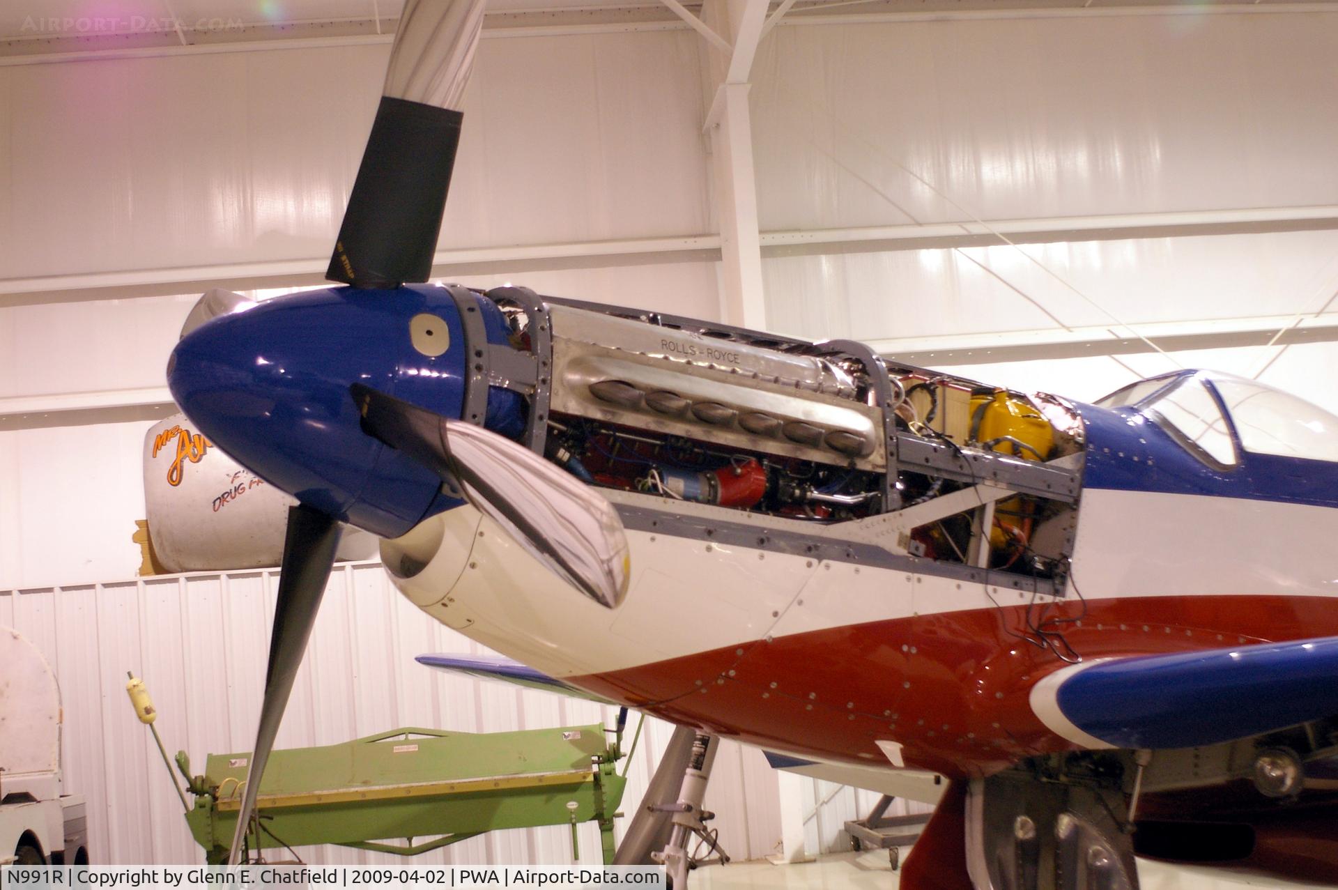 N991R, 1993 North American P-51D Mustang C/N 122-41076, Merlin open for maintenance, at the Oklahoma Museum of Flying