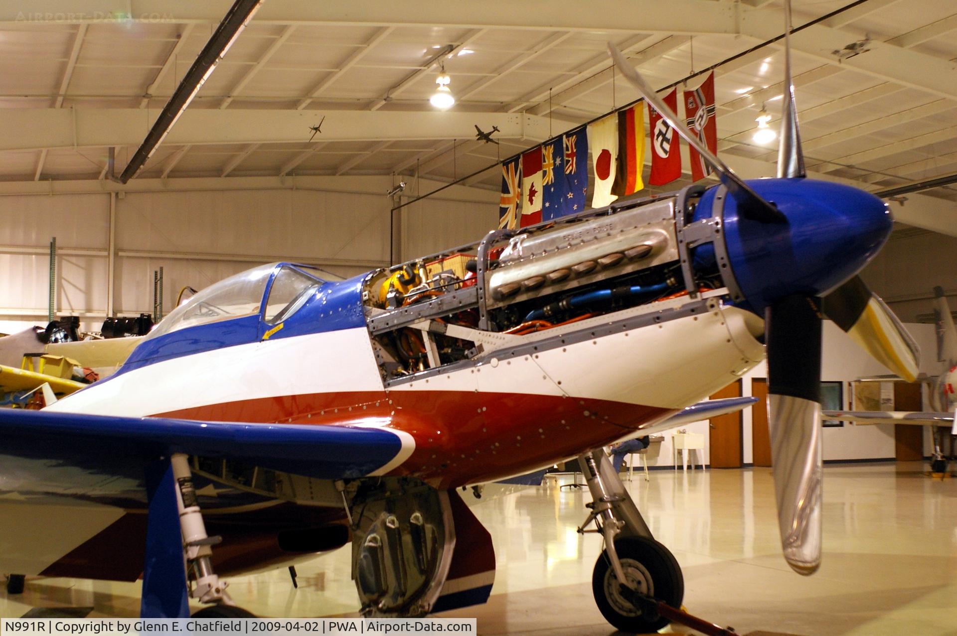N991R, 1993 North American P-51D Mustang C/N 122-41076, Merlin open for maintenance, at the Oklahoma Museum of Flying