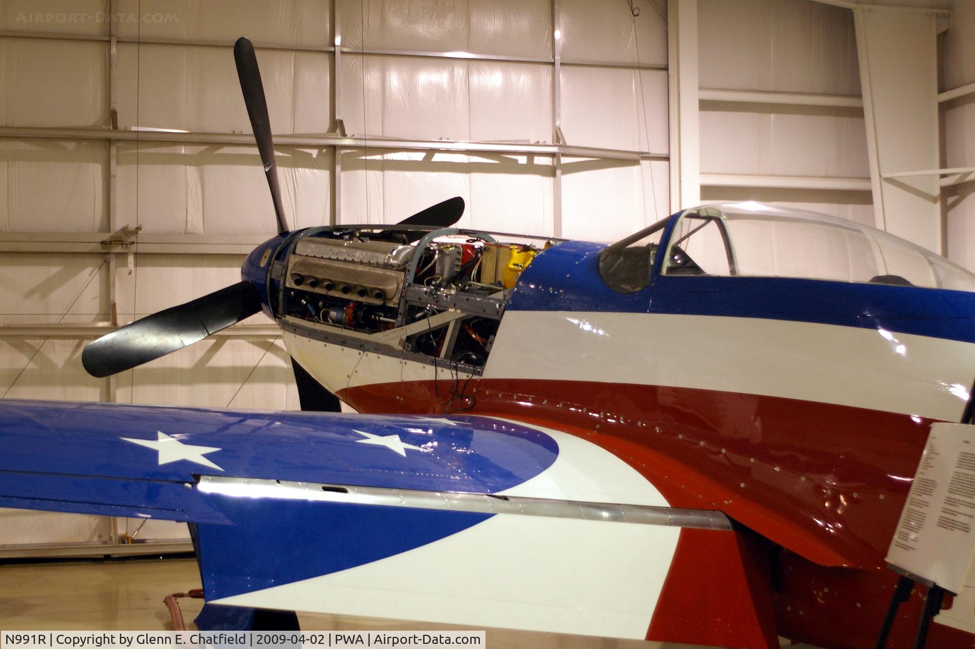N991R, 1993 North American P-51D Mustang C/N 122-41076, Merlin open for maintenance, at the Oklahoma Museum of Flying
