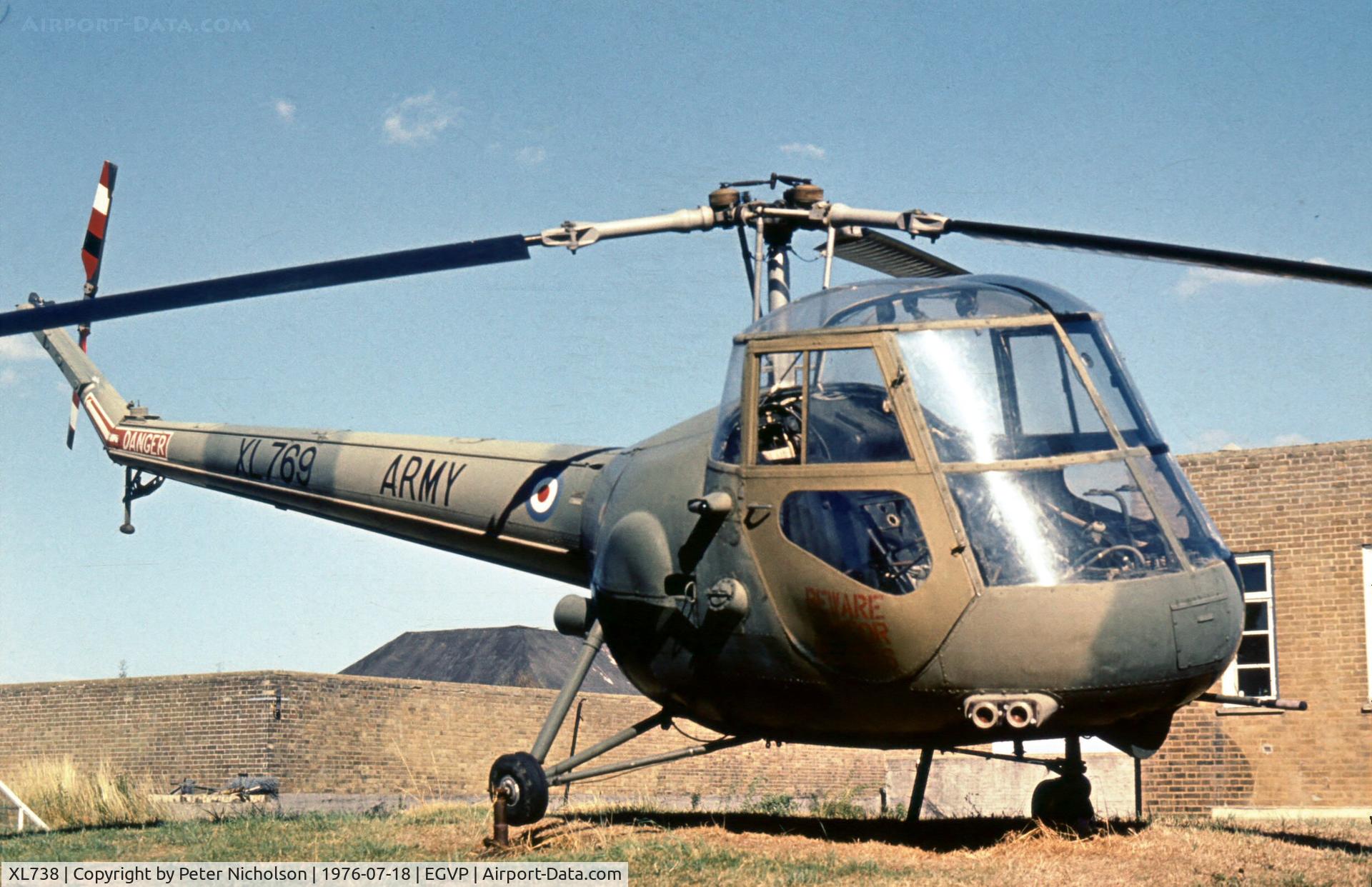 XL738, 1958 Saunders-Roe Skeeter AOP.12 C/N S2/5069, This Skeeter AOP.12 was seen as gate guardian at the Army Air Corps base at Middle Wallop in the Summer of 1976.  It wore a false serial XL 769 instead of the correct identity XL 738.