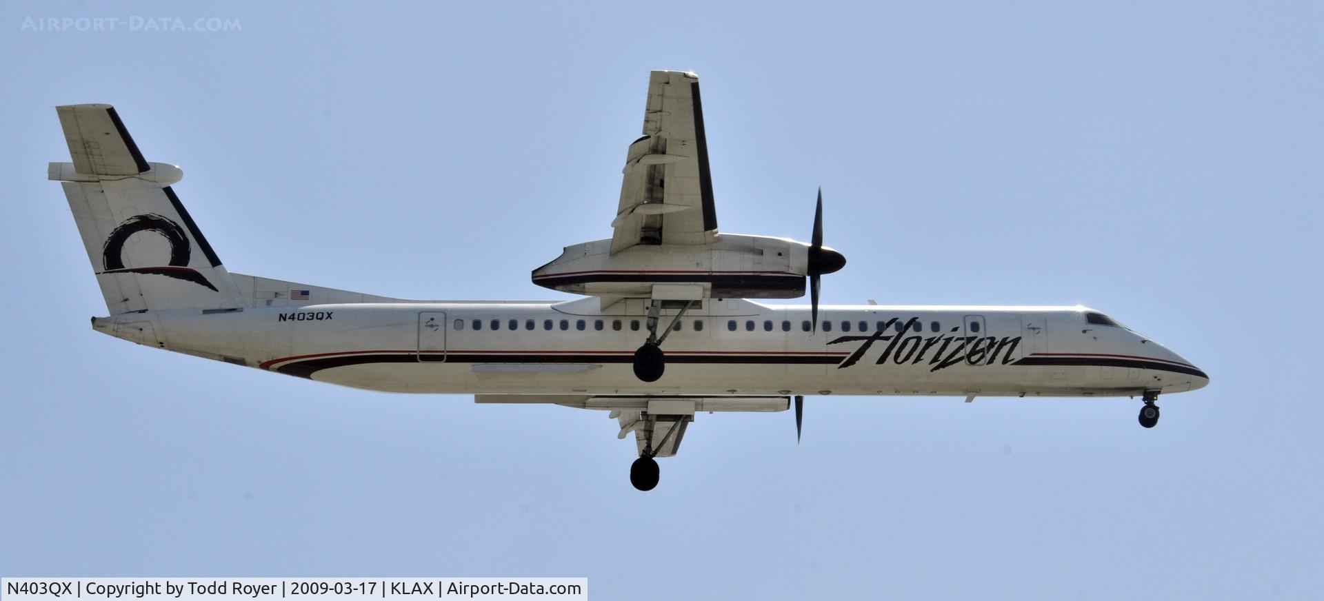 N403QX, 2001 De Havilland Canada DHC-8-402 Dash 8 C/N 4037, Landing 24R at LAX
