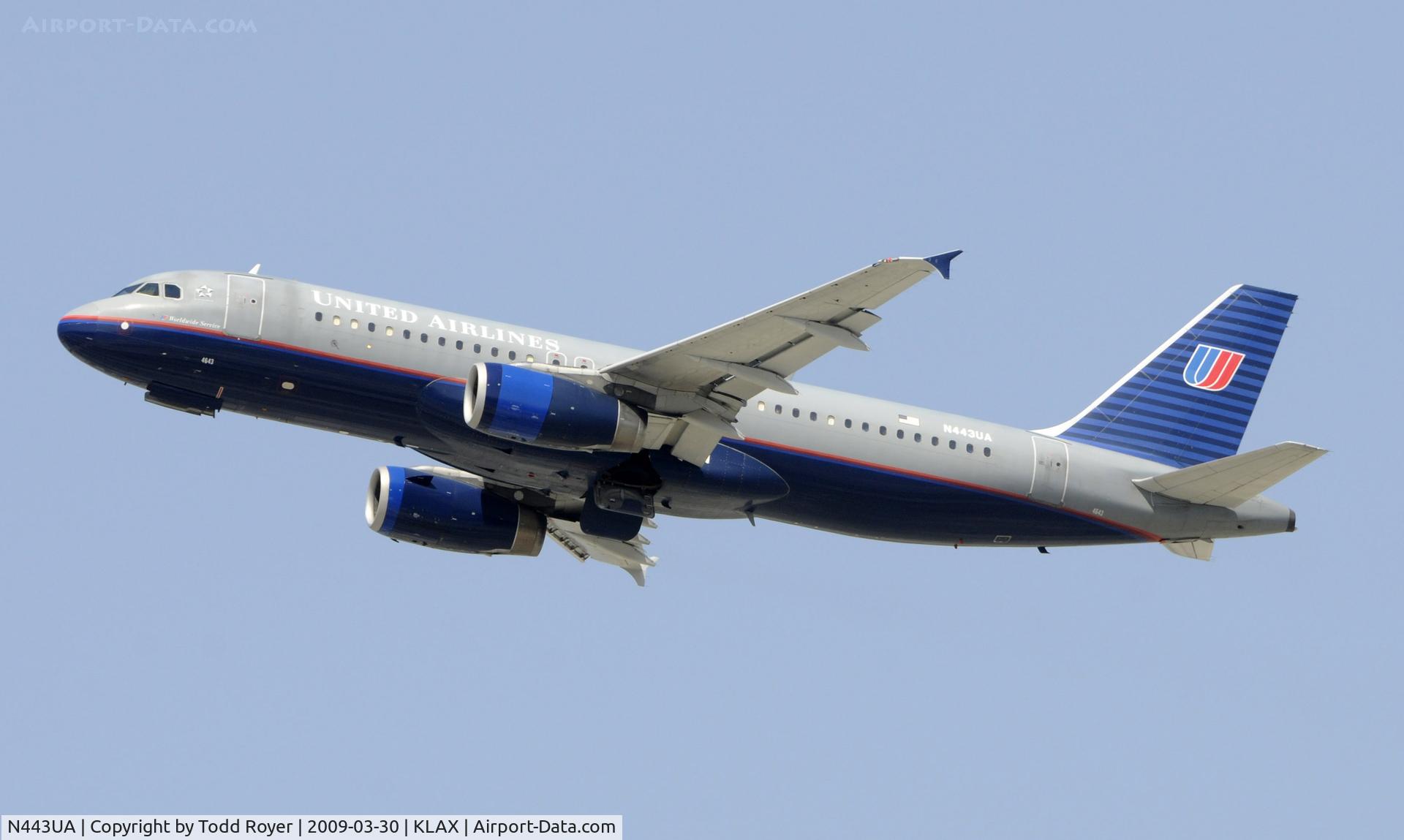 N443UA, 1998 Airbus A320-232 C/N 820, Departing LAX on 25R