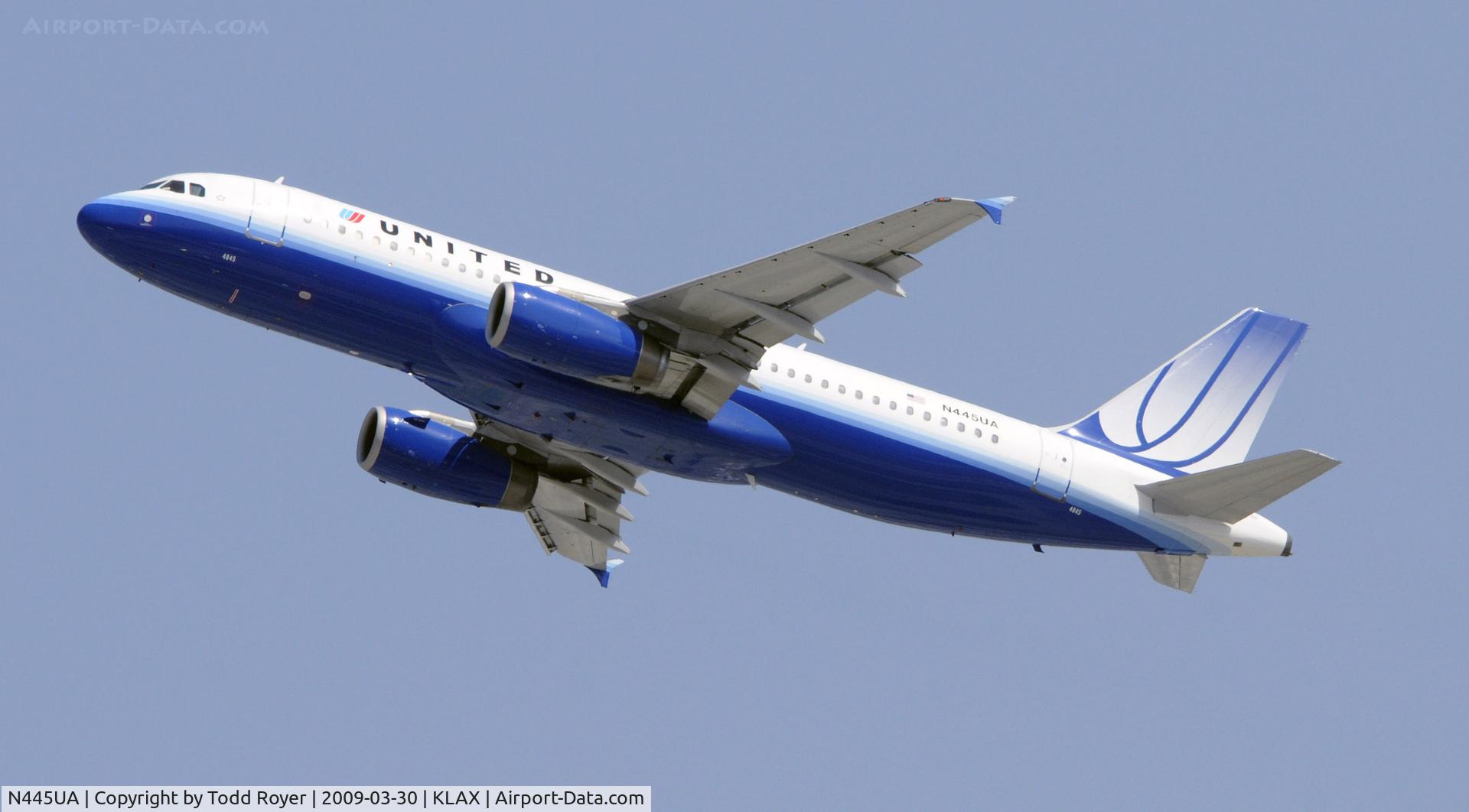 N445UA, 1998 Airbus A320-232 C/N 826, Departing LAX on 25R